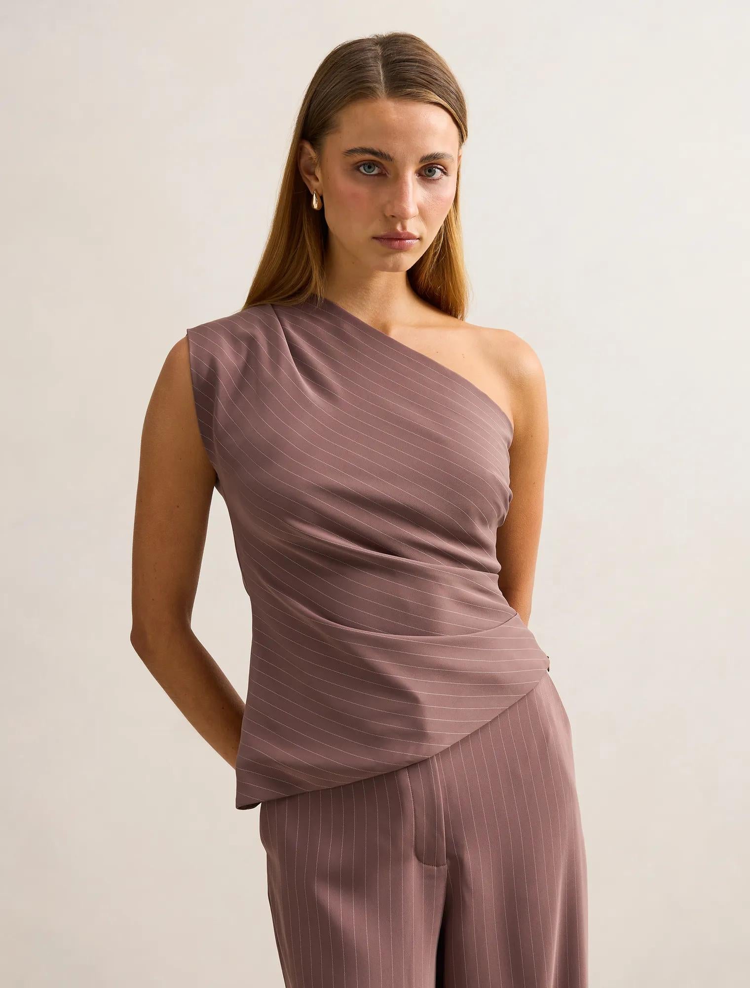 Willow Asymmetrical Tuck Top Mocha Pinstripe Set – Ever New