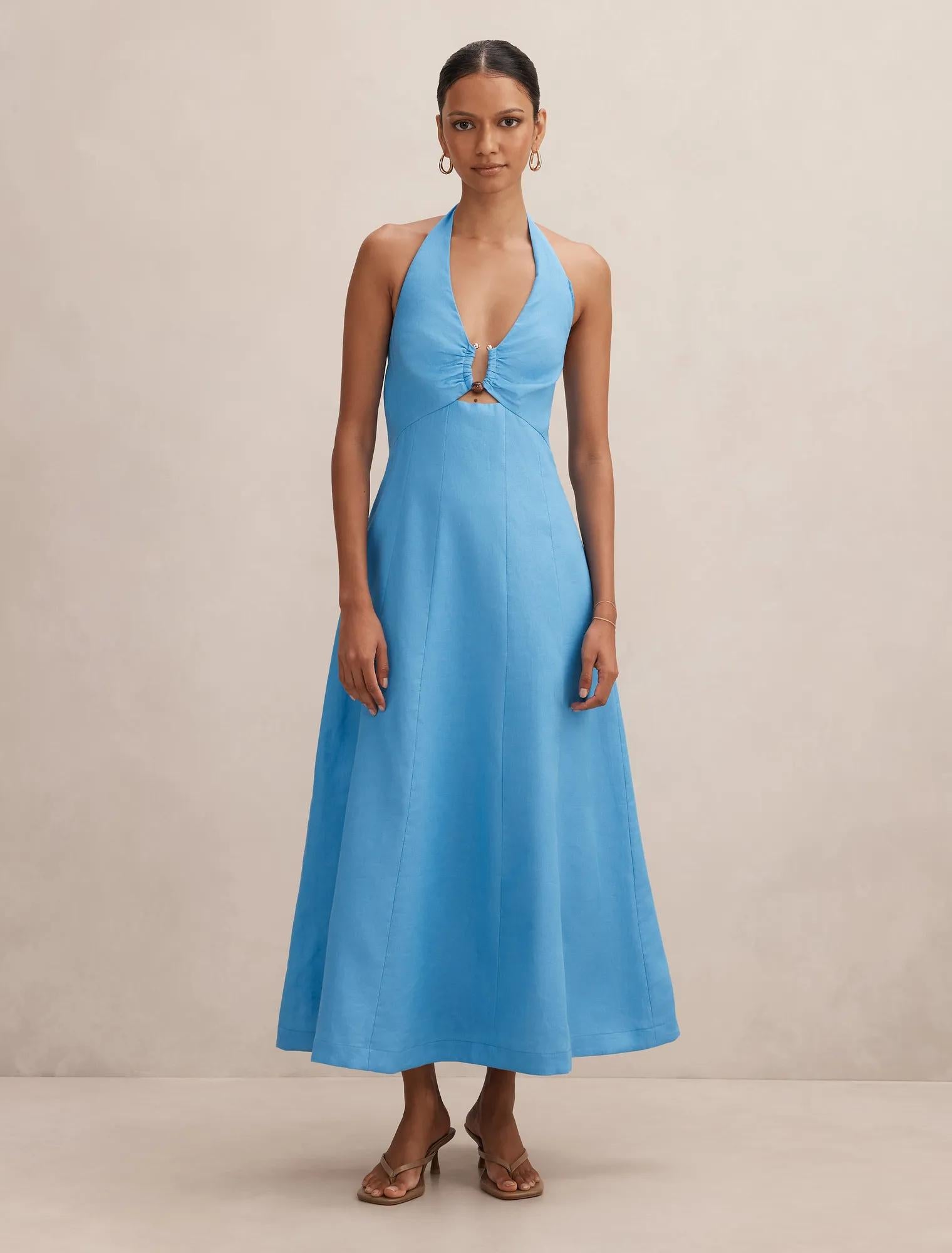 angie blue dress Petite Halter Linen Midi Lemonade – Ever New Choose Your Flavor:Vanilla lemon buttercream VENDOR COLOR-BLUE CREAM FLORAL Designed with longevity in Holy Grail Nursing Dress