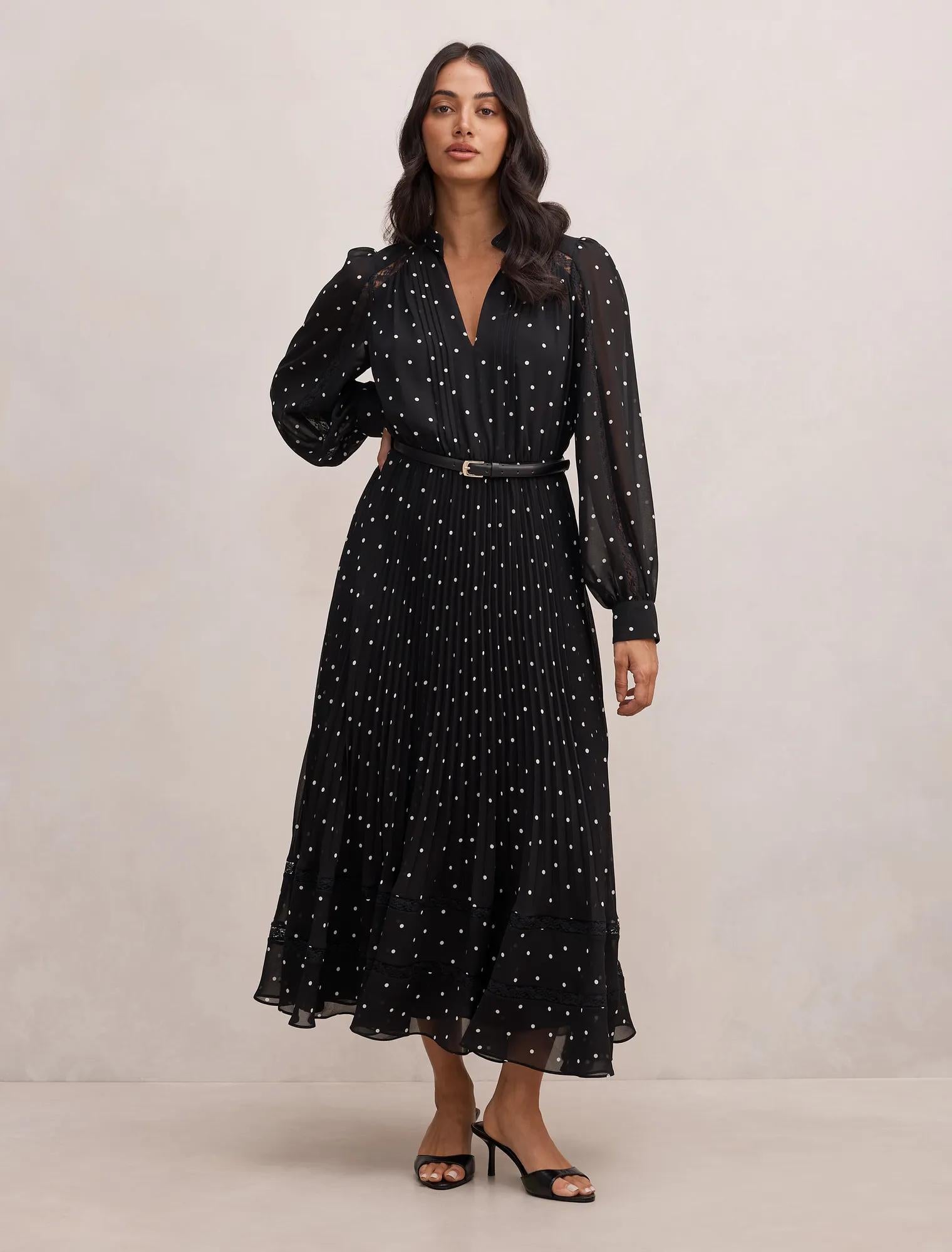 Clara Pleated Lace Trim Midi Dress Dark Risley Spot – Ever New