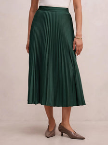 Ester Satin Pleated Skirt Dark Green