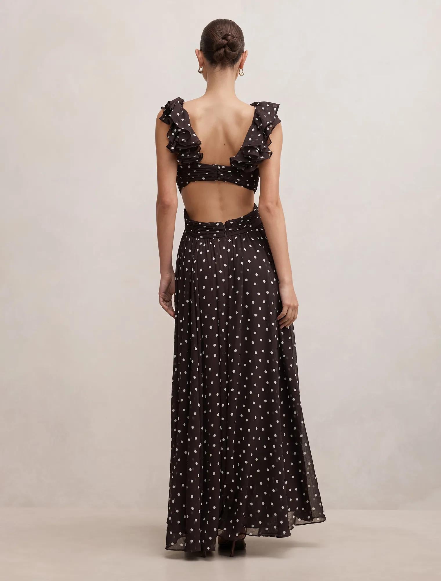 Selena Ruffle Shoulder Maxi Brown Vale Spot