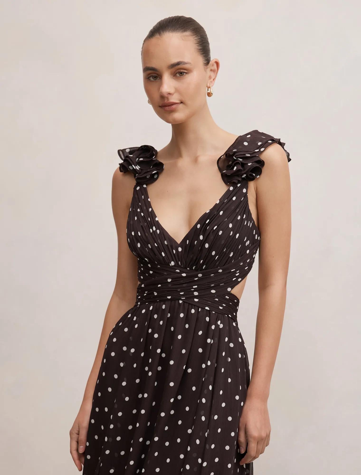 Selena Ruffle Shoulder Maxi Brown Vale Spot