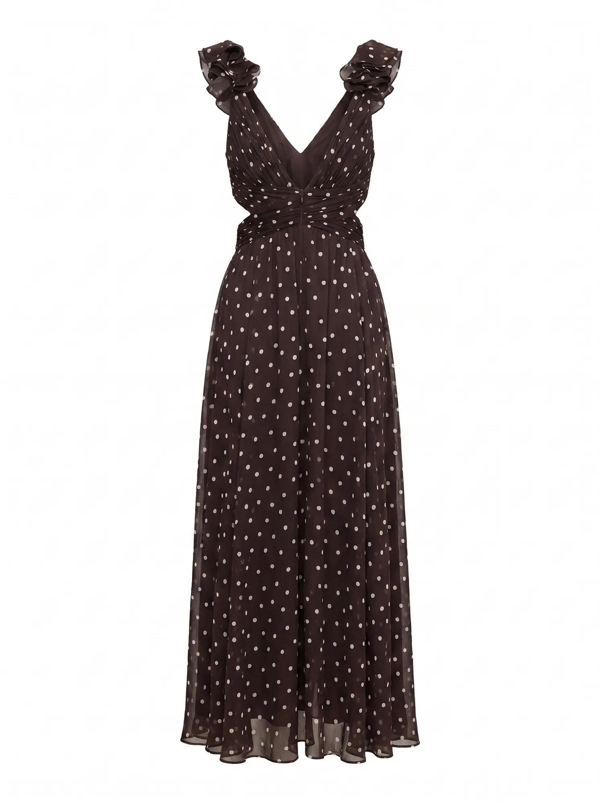 Selena Ruffle Shoulder Maxi Dress Brown Vale Spot_mannequin
