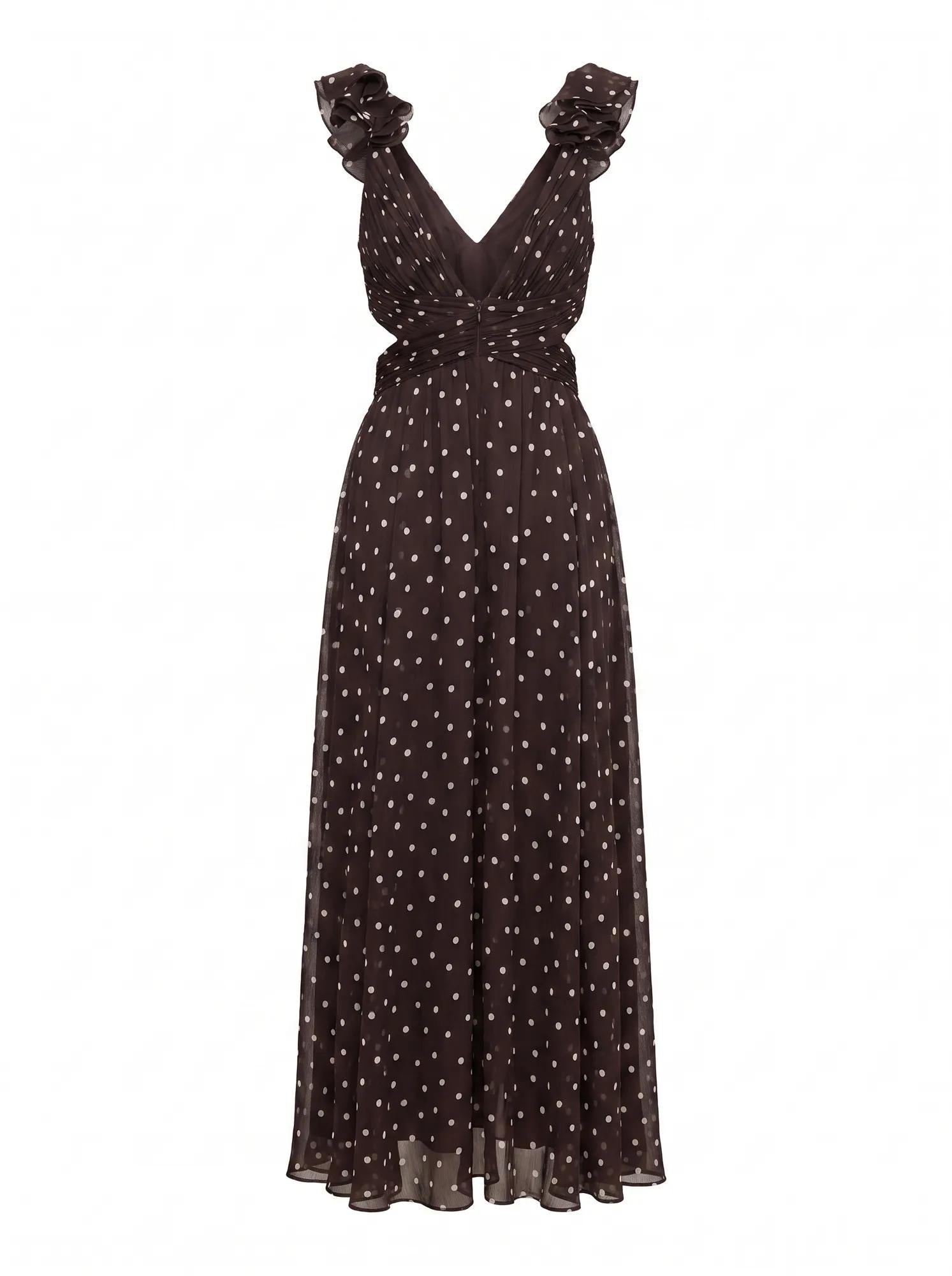 Selena Ruffle Shoulder Maxi Brown Vale Spot_mannequin