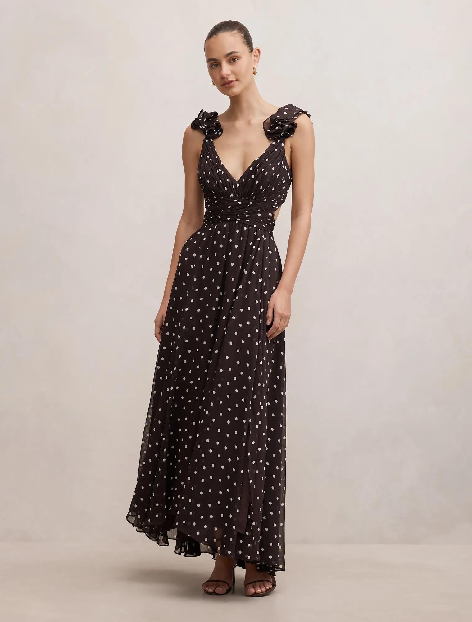 Selena Ruffle Shoulder Maxi Brown Vale Spot
