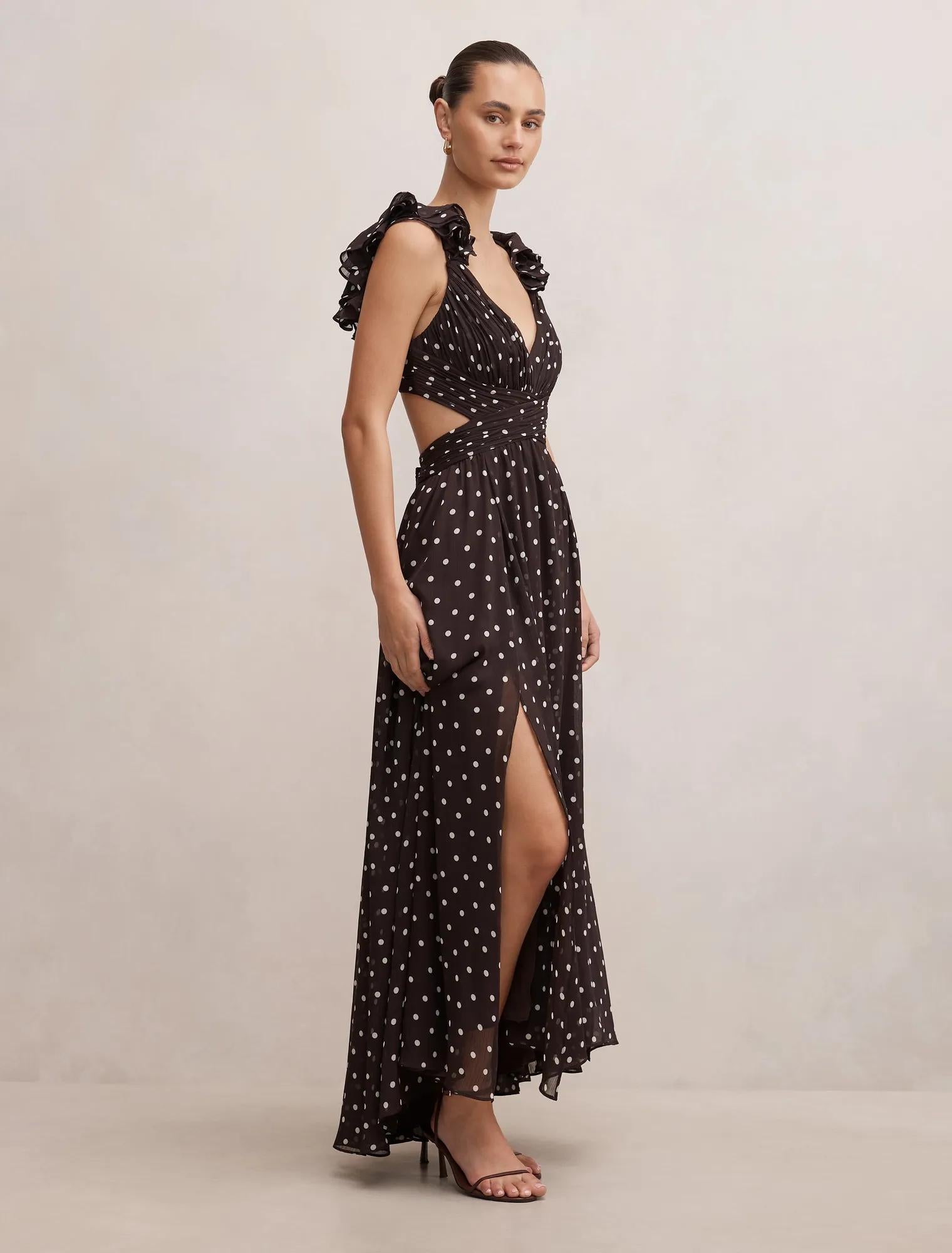 Selena Ruffle Shoulder Maxi Brown Vale Spot