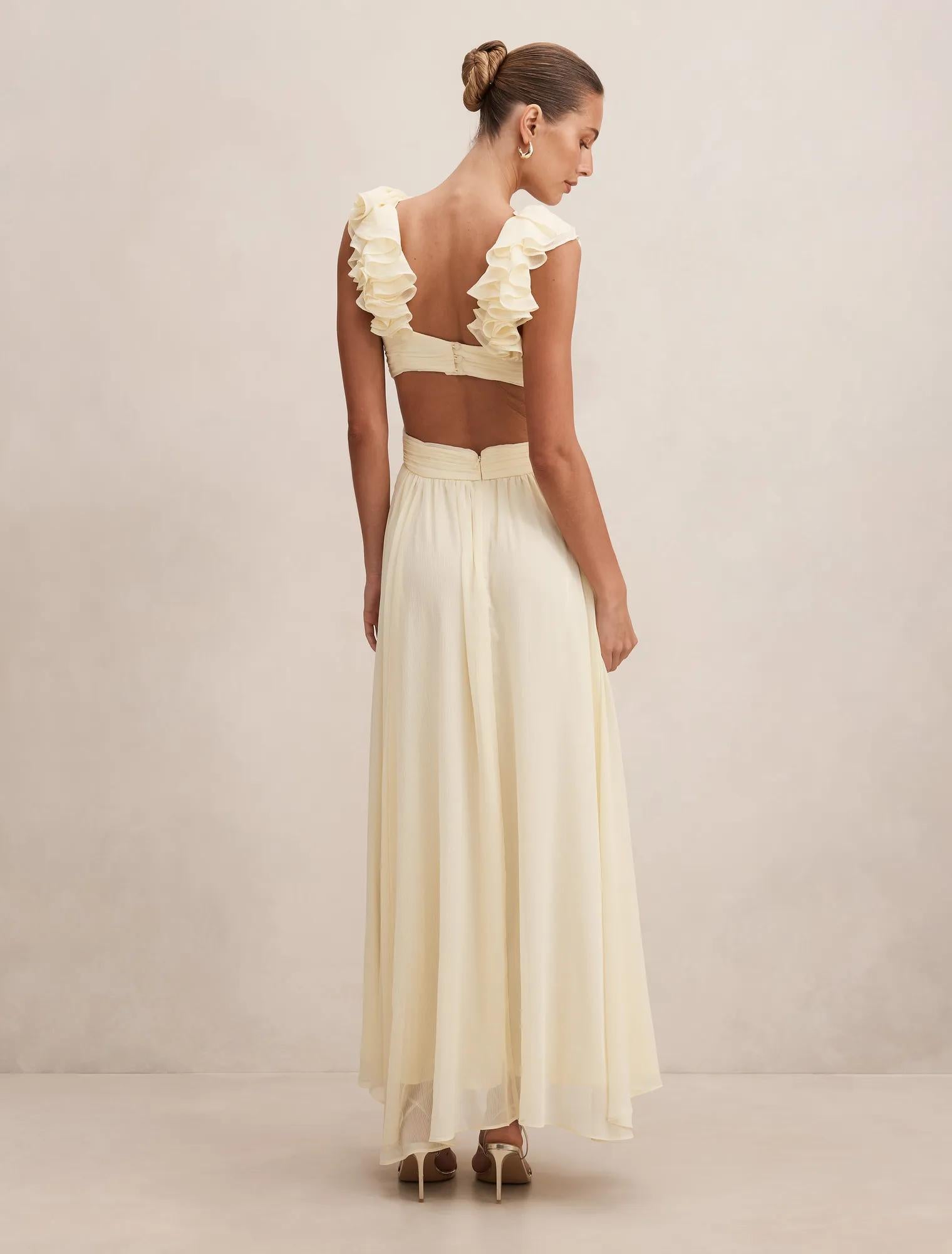 Selena Ruffle Shoulder Maxi Dress Lemon Yellow