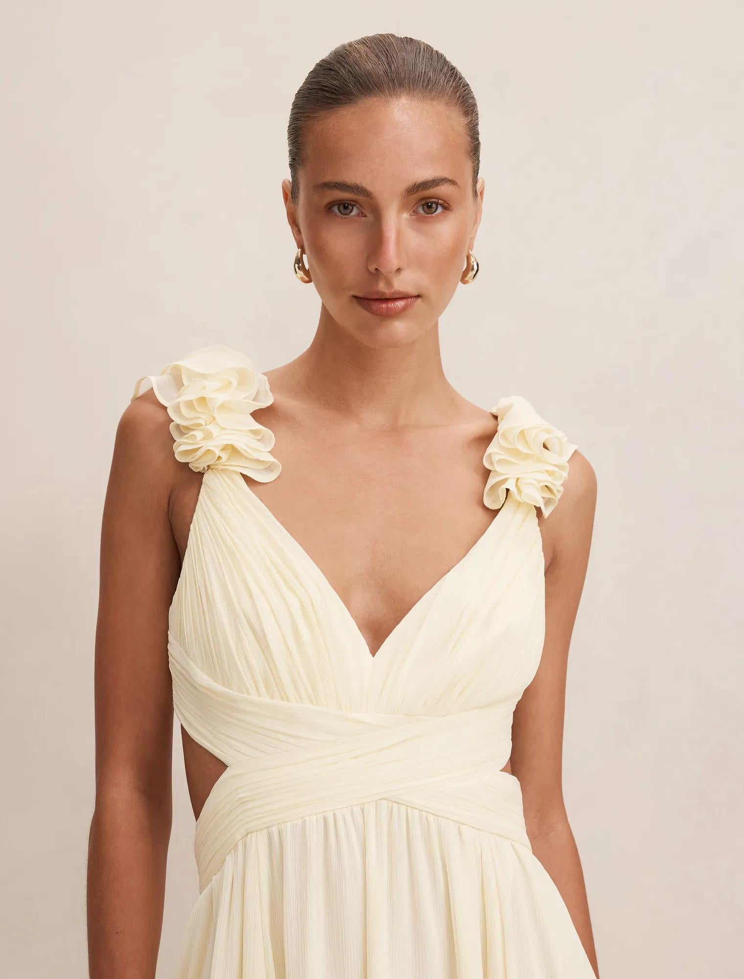 Selena Ruffle Shoulder Maxi Dress Lemon Yellow