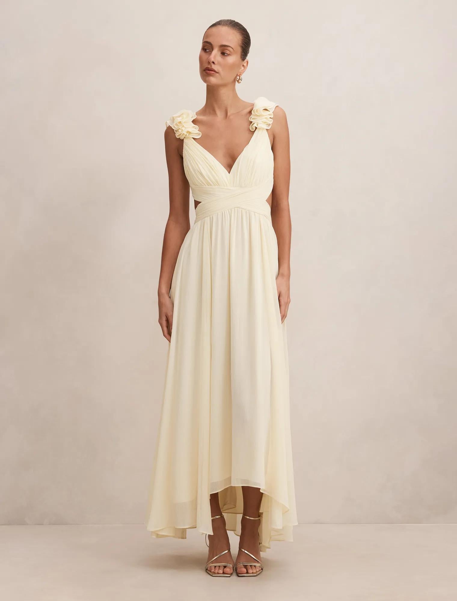 Selena Ruffle Shoulder Maxi Dress Lemon Yellow