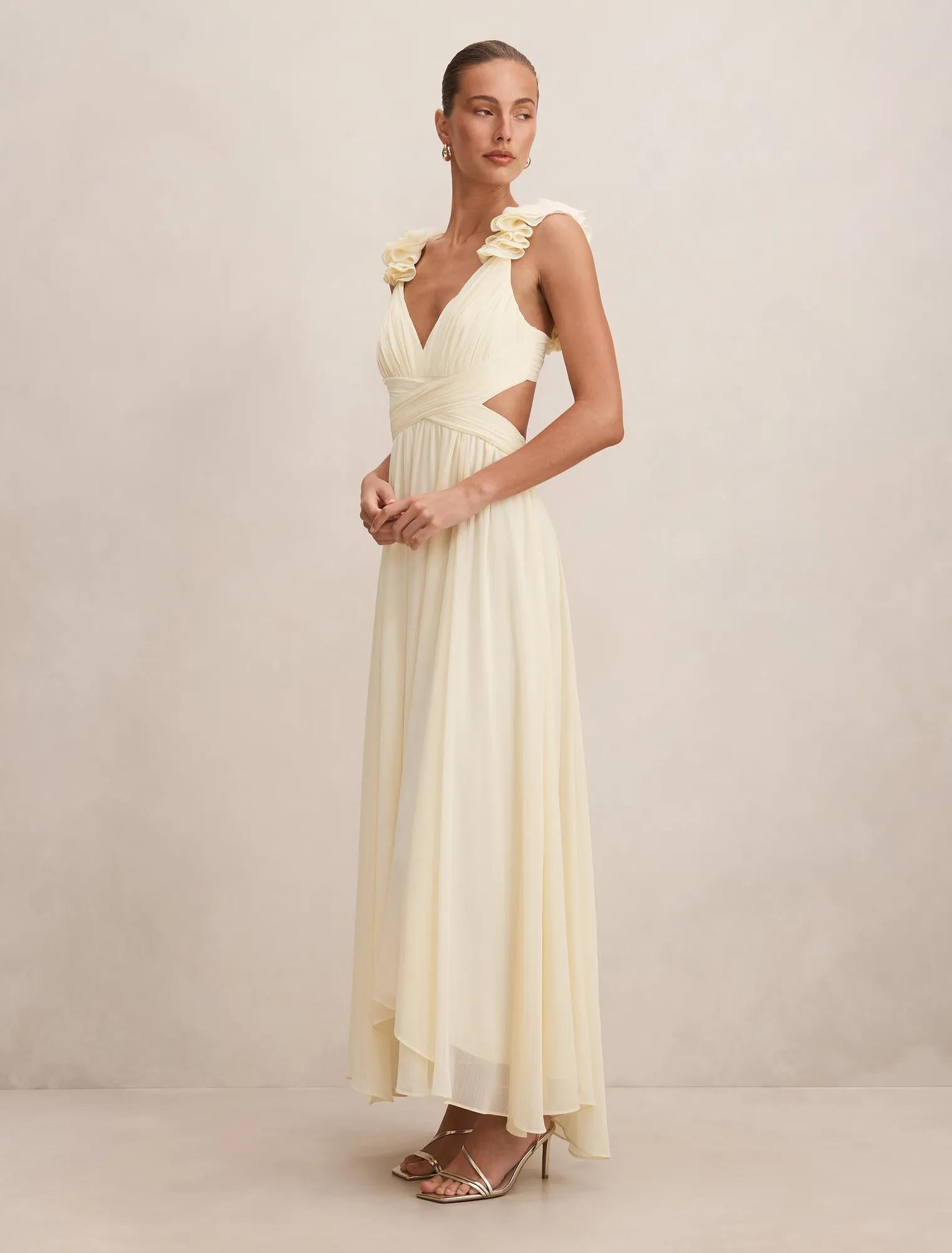Selena Ruffle Shoulder Maxi Dress Lemon Yellow