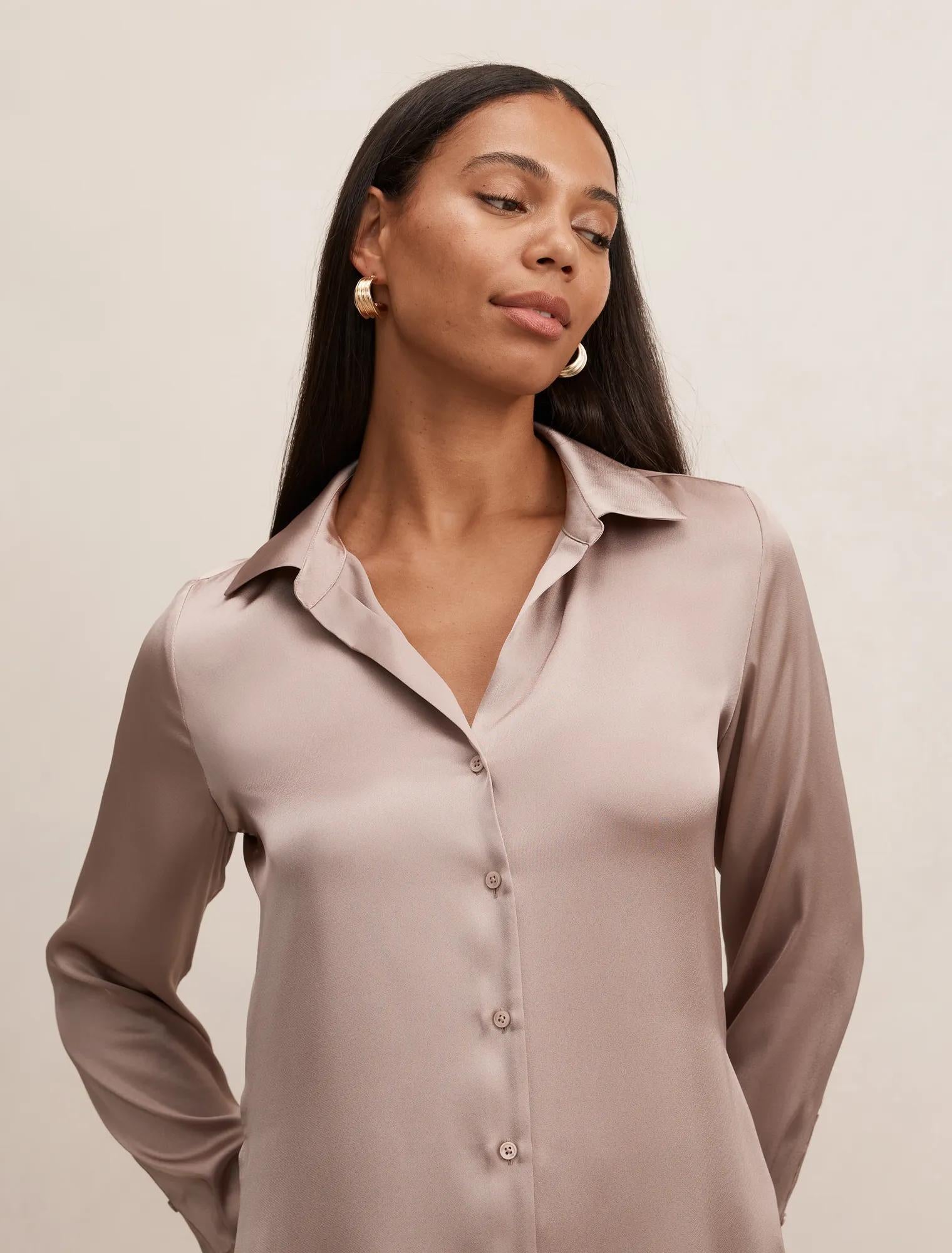 Harvey Notched Neck Satin Shirt Mocha