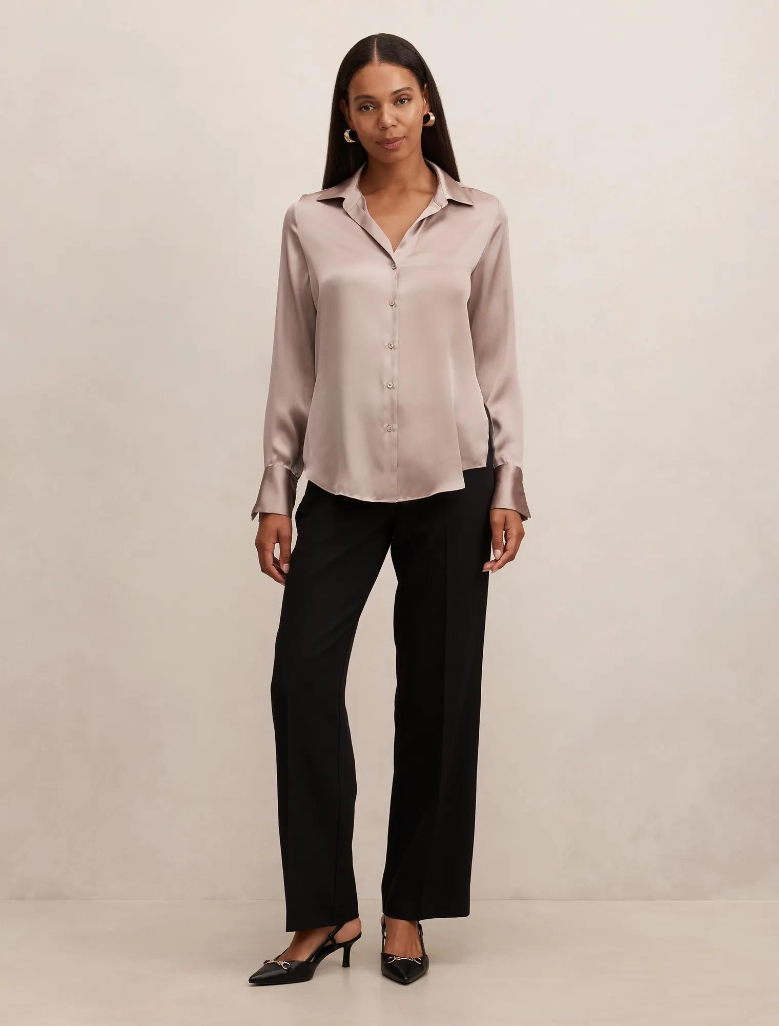 Harvey Notched Neck Satin Shirt Mocha
