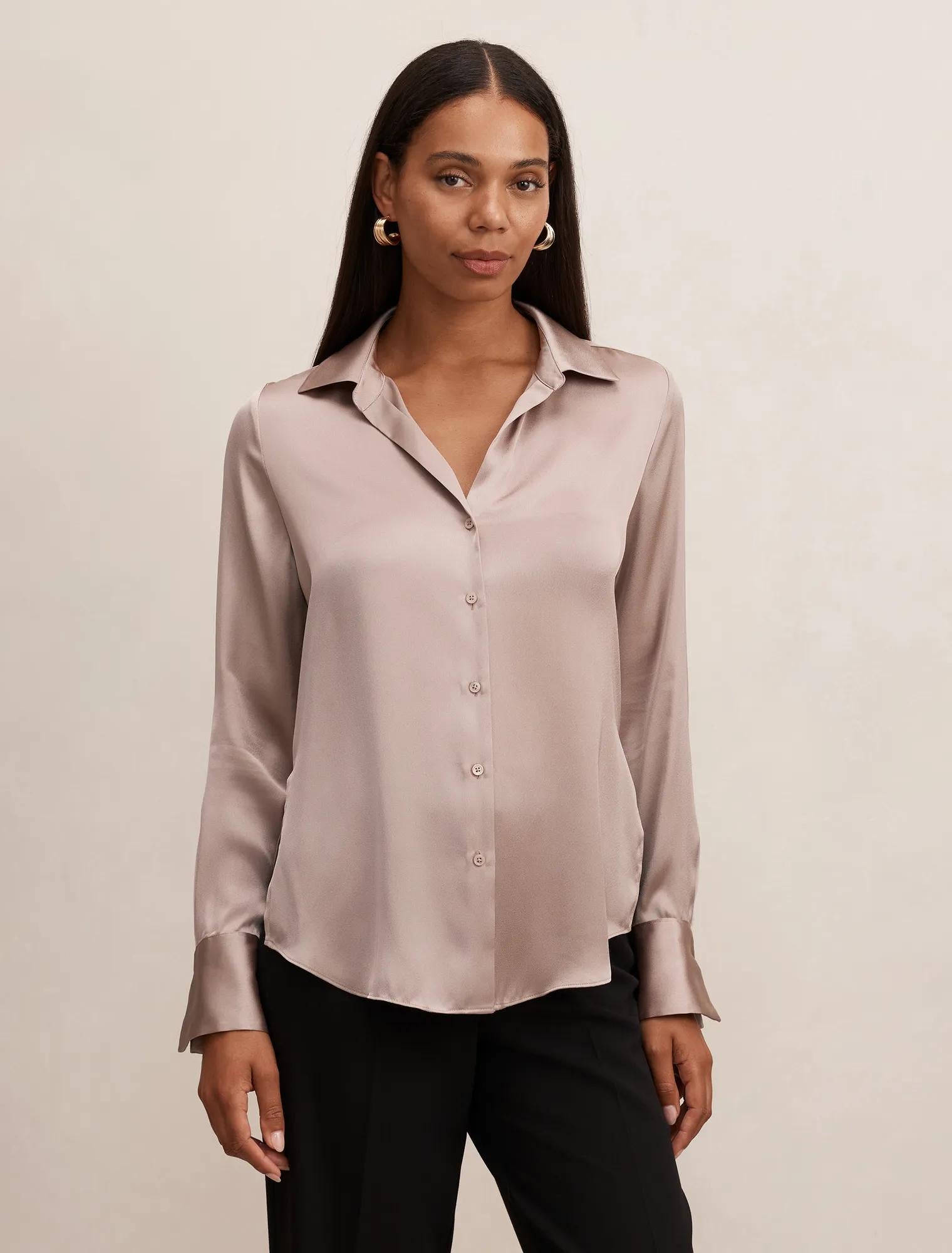 Harvey Notched Neck Satin Shirt Mocha