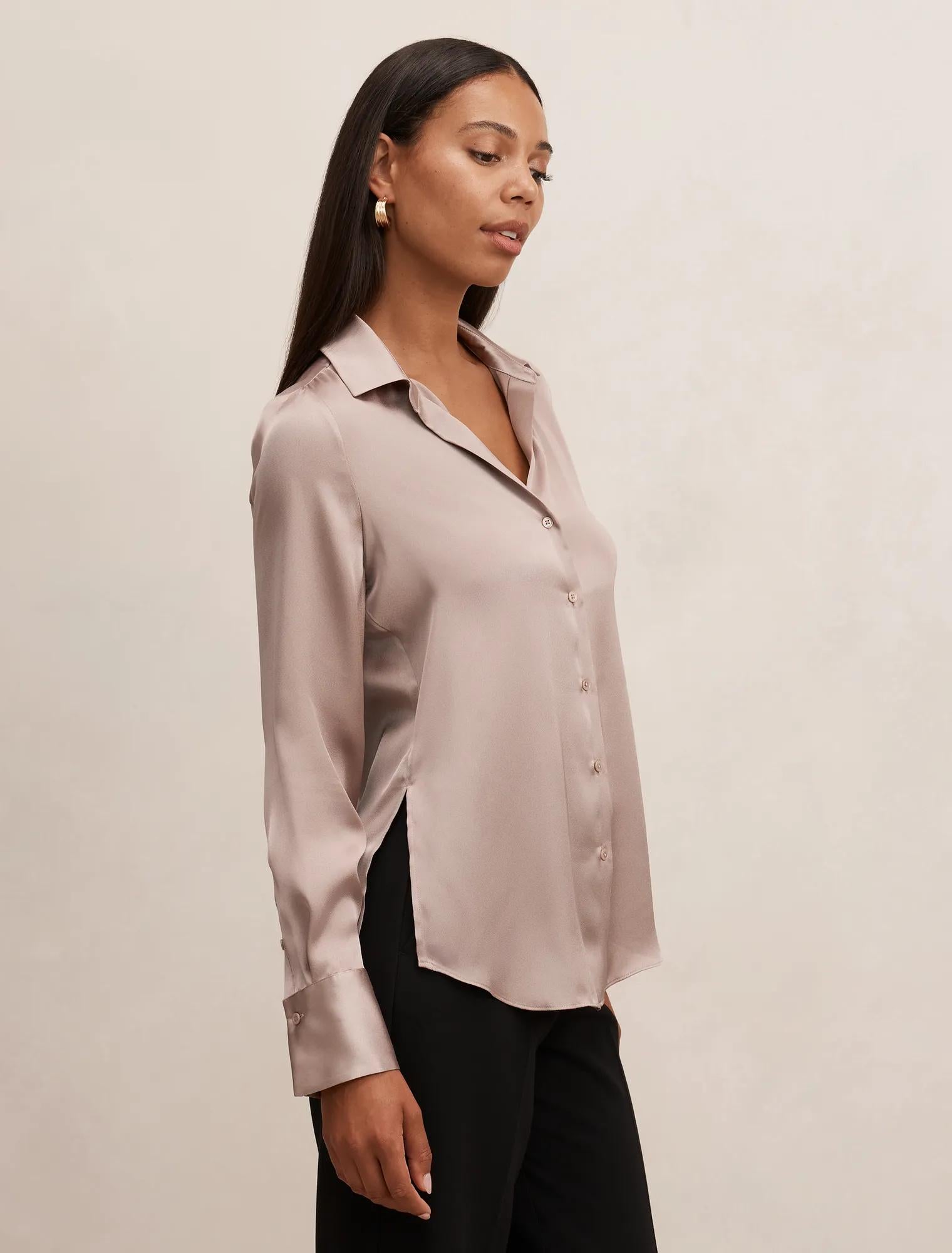 Harvey Notched Neck Satin Shirt Mocha
