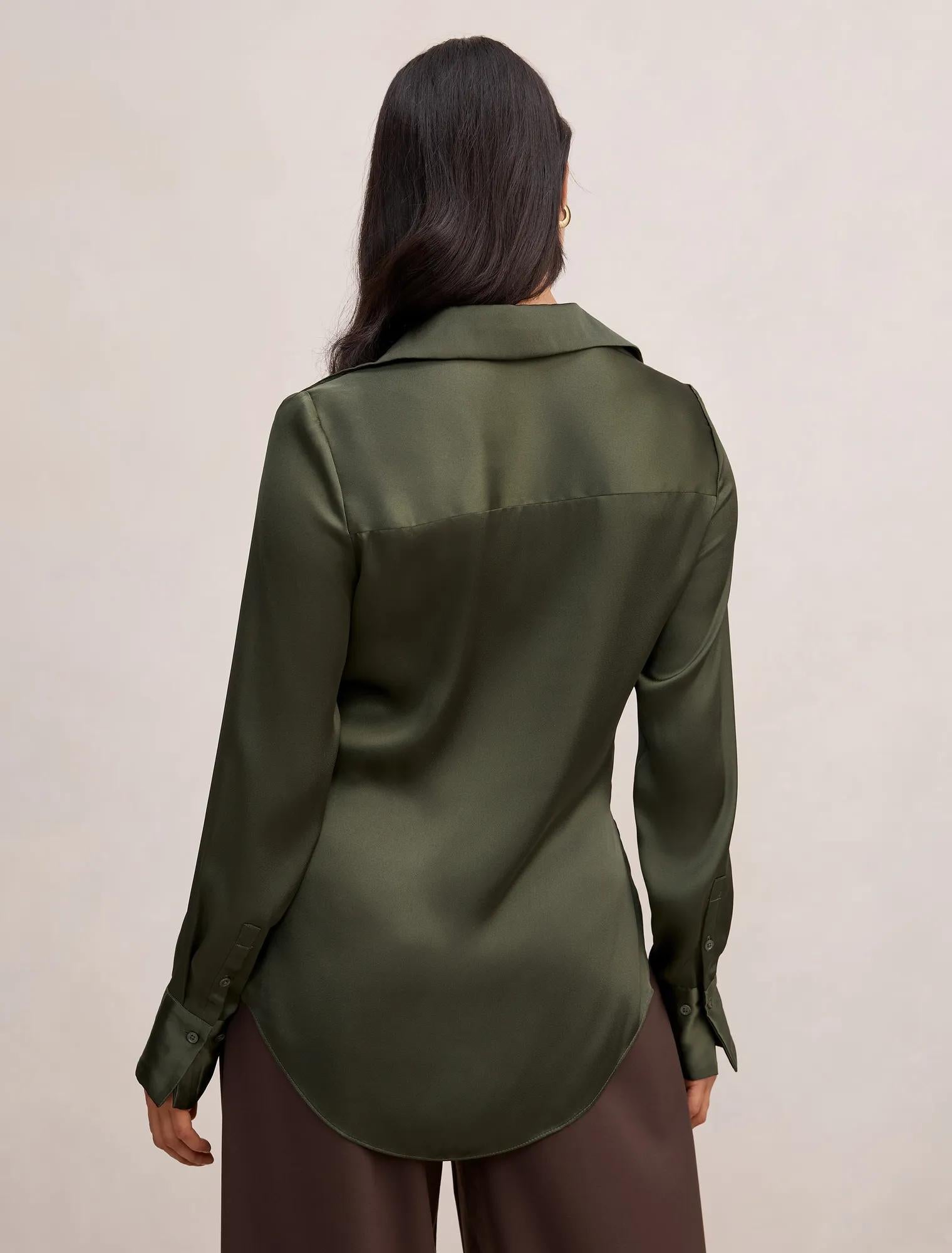 Harvey Notched Neck Satin Shirt Deep Khaki