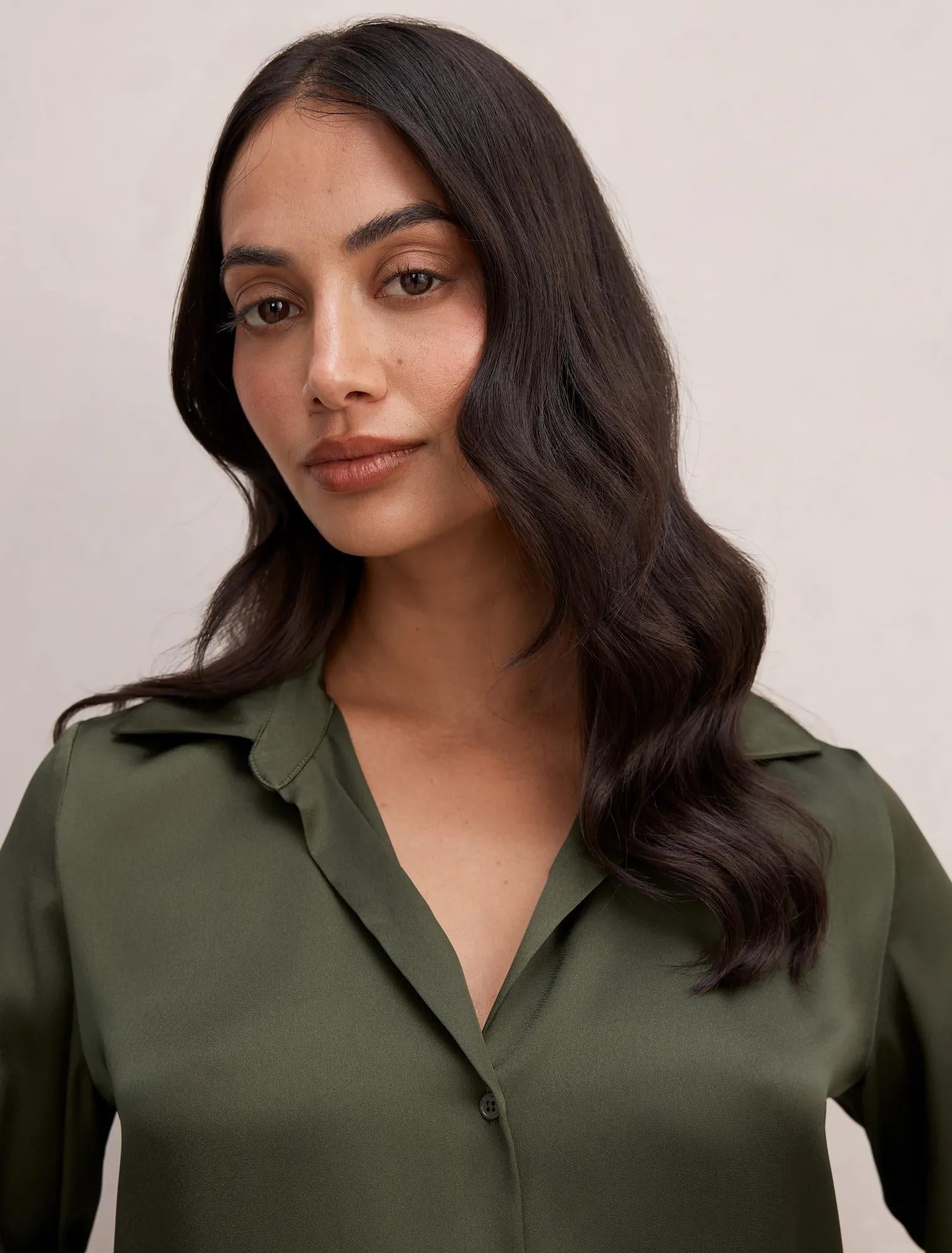 Harvey Notched Neck Satin Shirt Deep Khaki