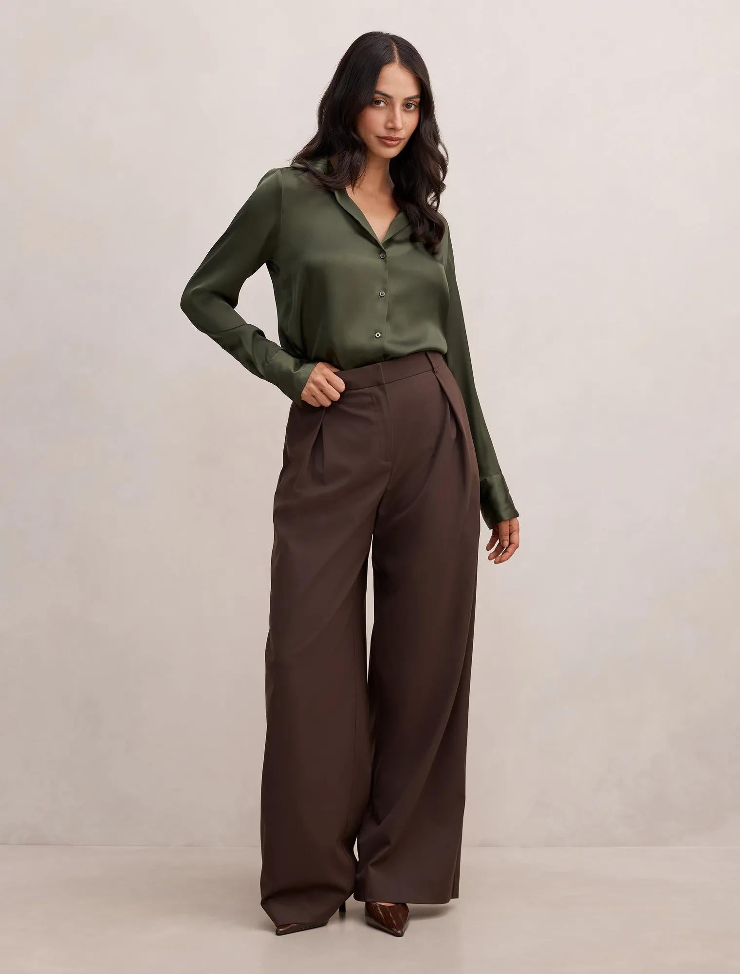 Harvey Notched Neck Satin Shirt Deep Khaki