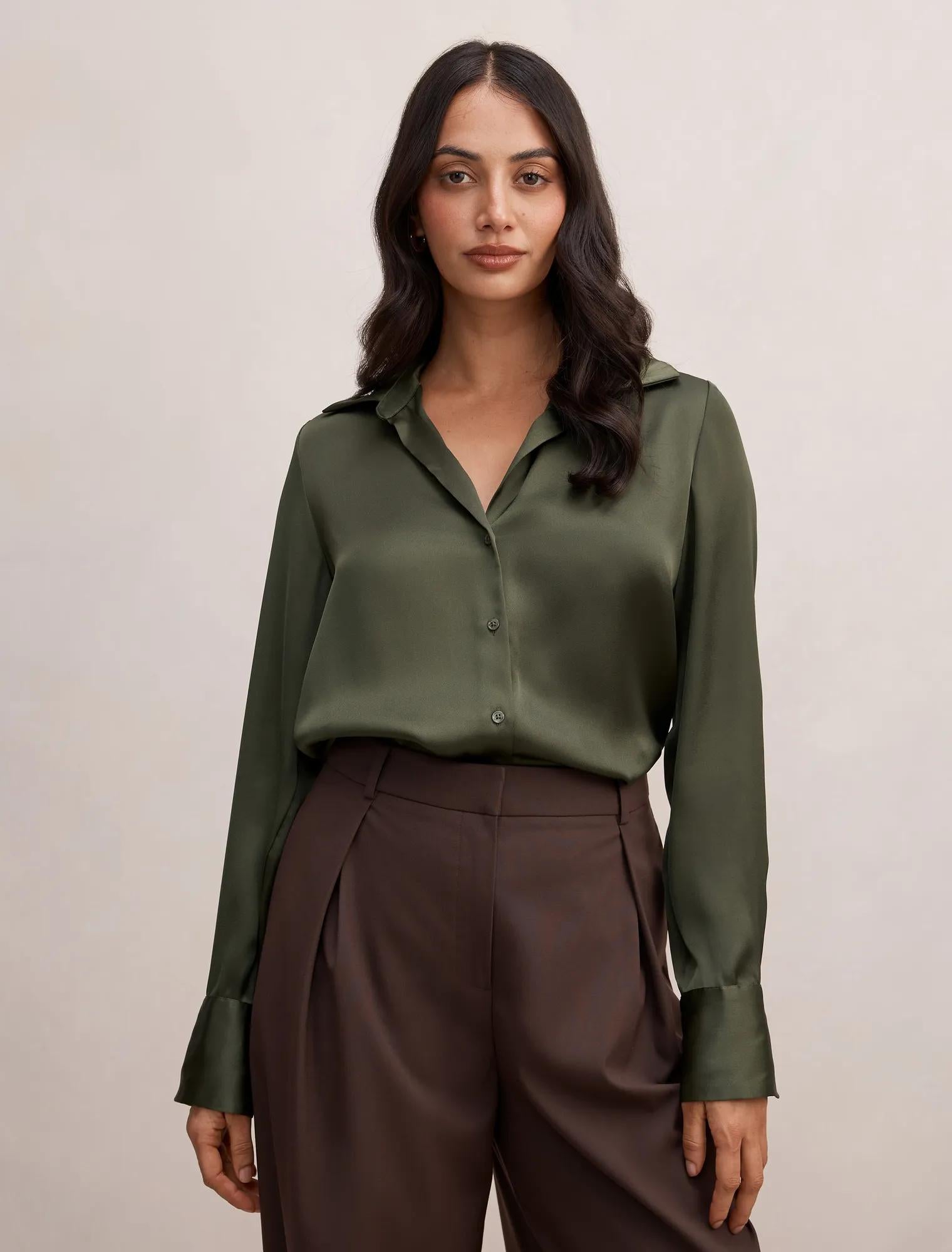 Harvey Notched Neck Satin Shirt Deep Khaki