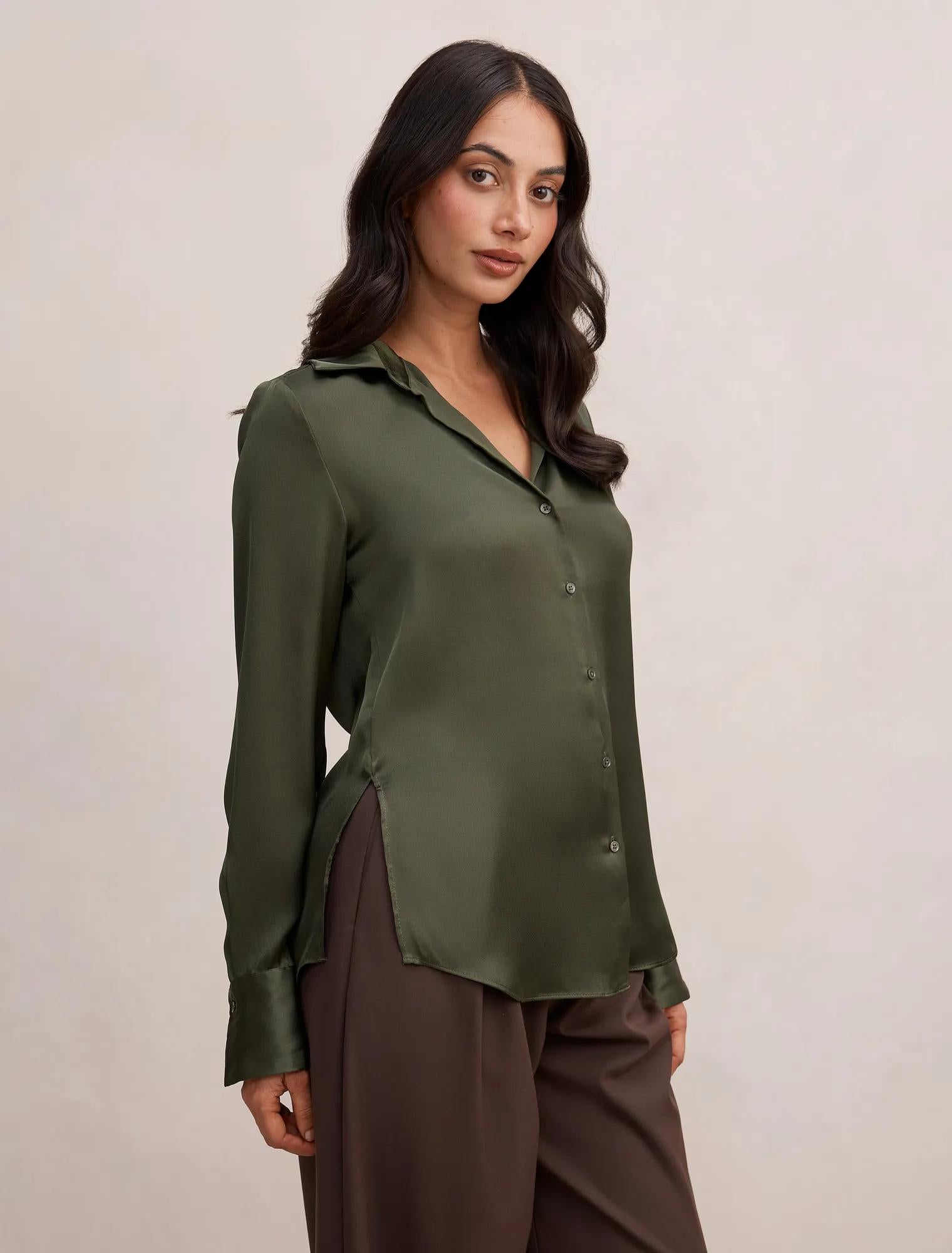 Harvey Notched Neck Satin Shirt Deep Khaki