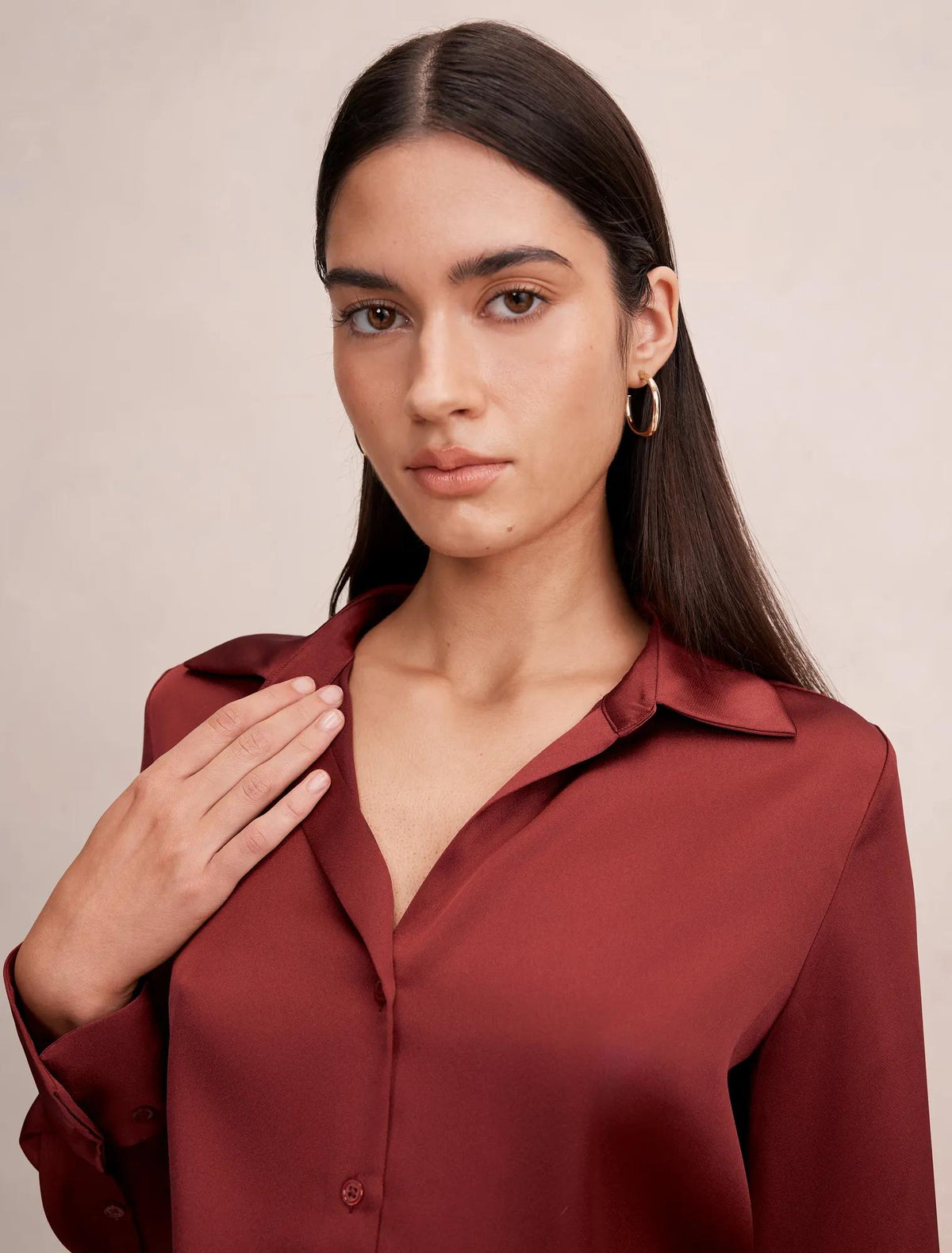 Harvey Notched Neck Satin Shirt Syrah Red