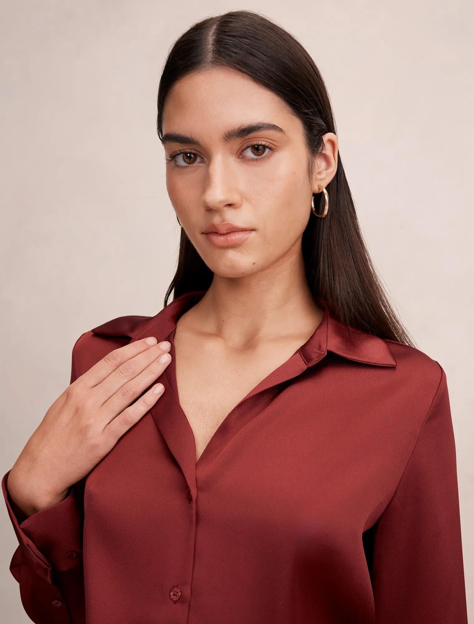 Harvey Notched Neck Satin Shirt Syrah Red