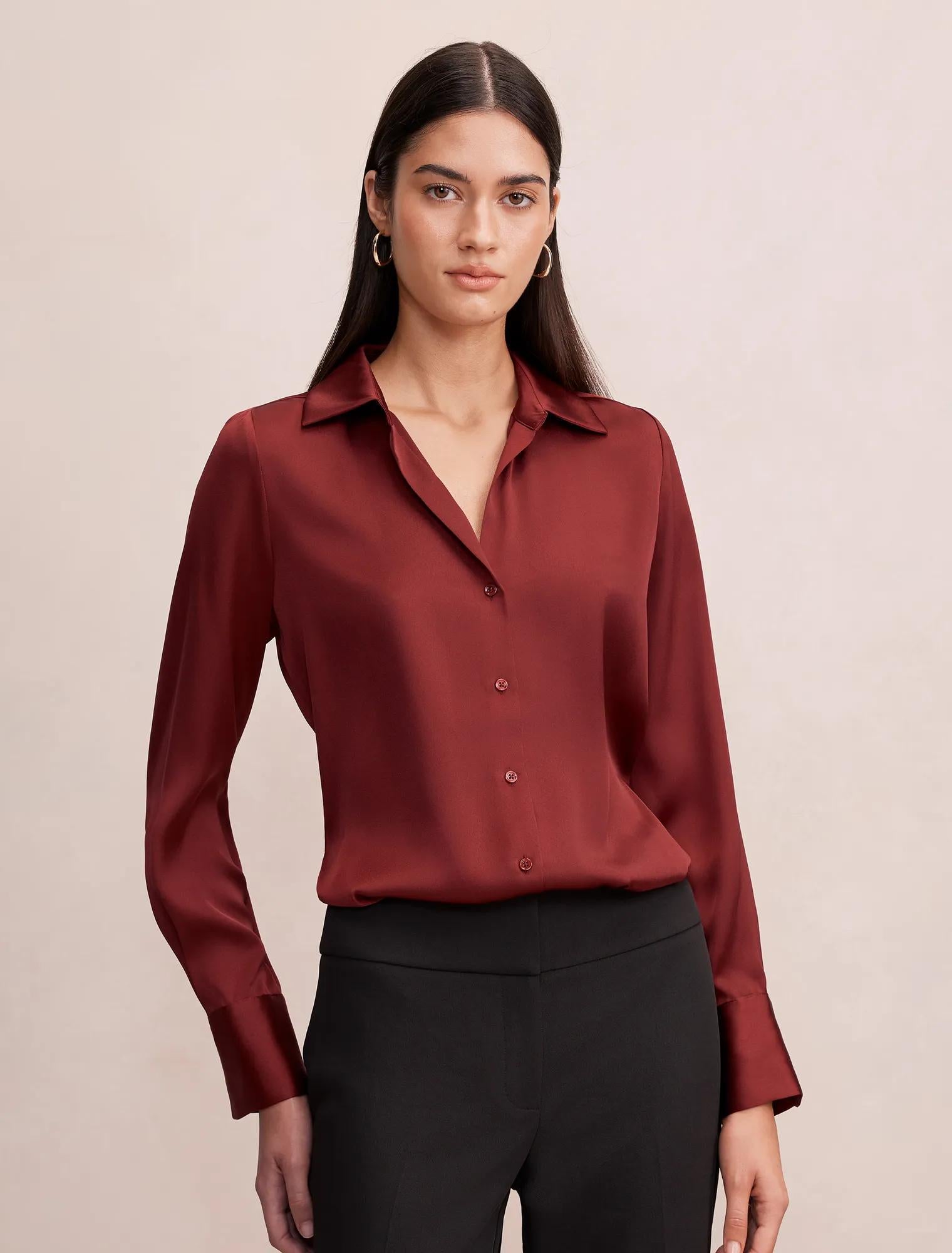 Harvey Notched Neck Satin Shirt Syrah Red