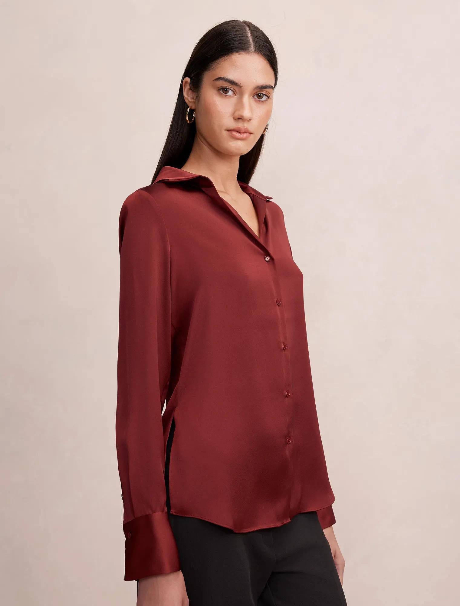 Harvey Notched Neck Satin Shirt Syrah Red