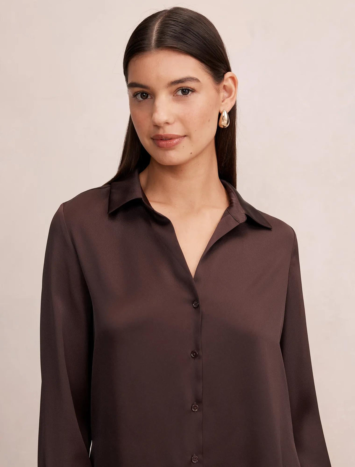 Harvey Notched Neck Satin Shirt Chocolate Freckle