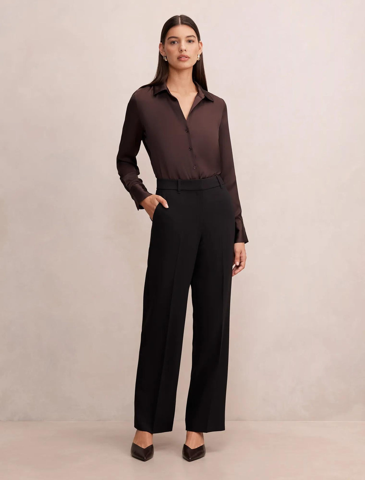 Harvey Notched Neck Satin Shirt Chocolate Freckle