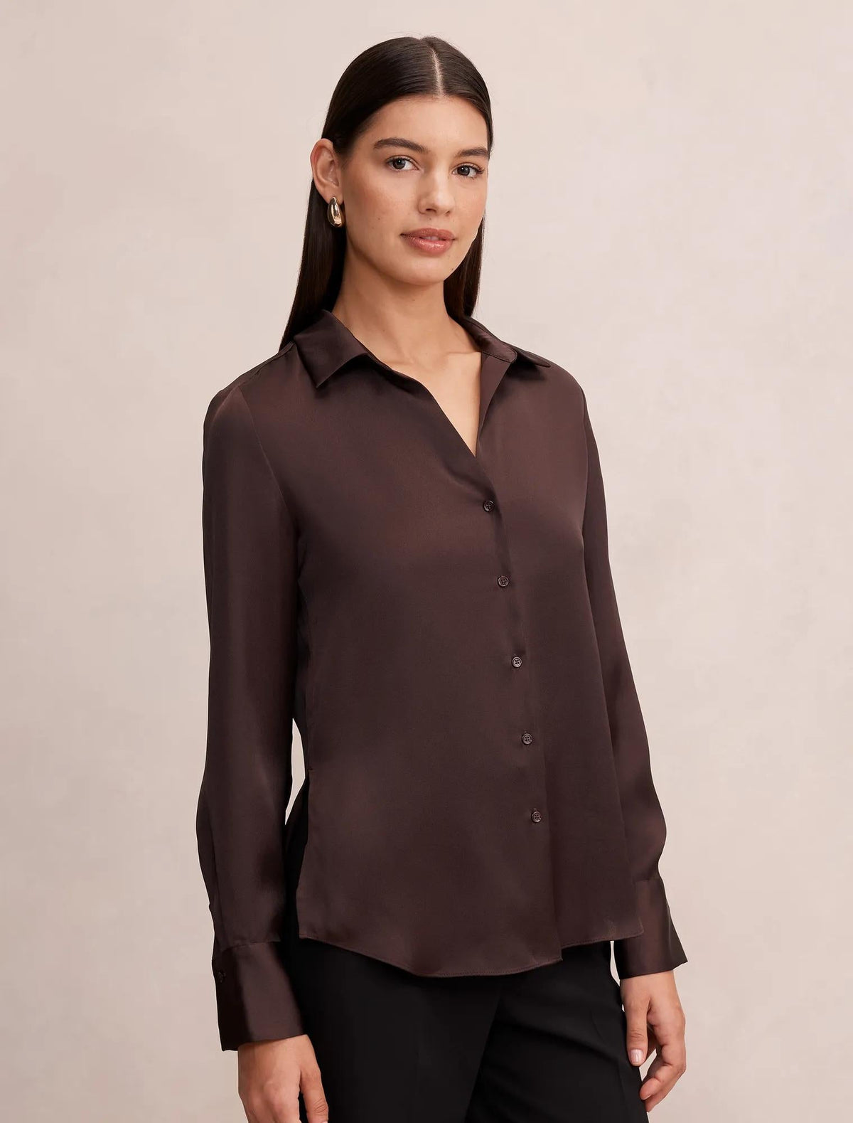 Harvey Notched Neck Satin Shirt Chocolate Freckle