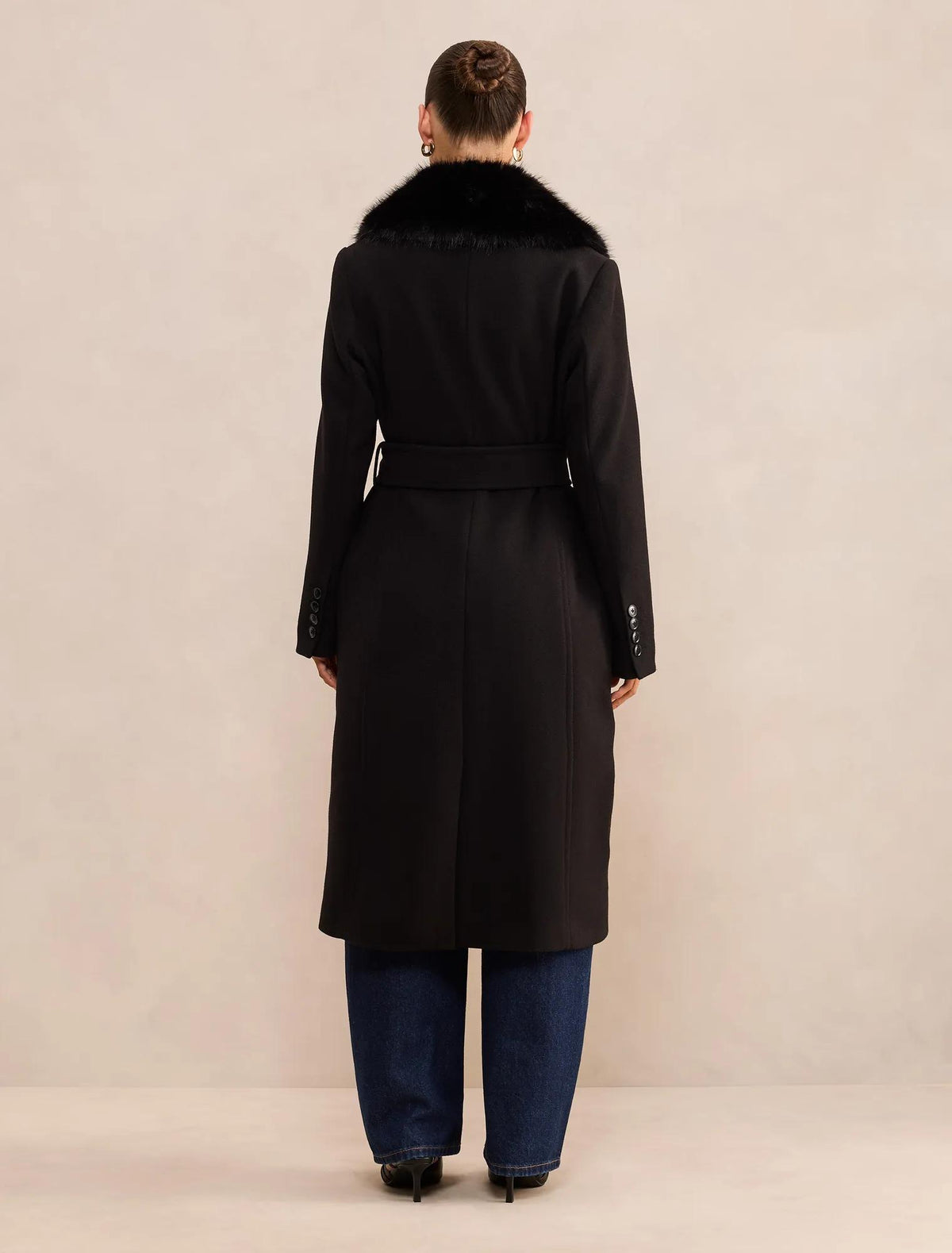 Monica Petite Fur Collar Wrap Coat Black