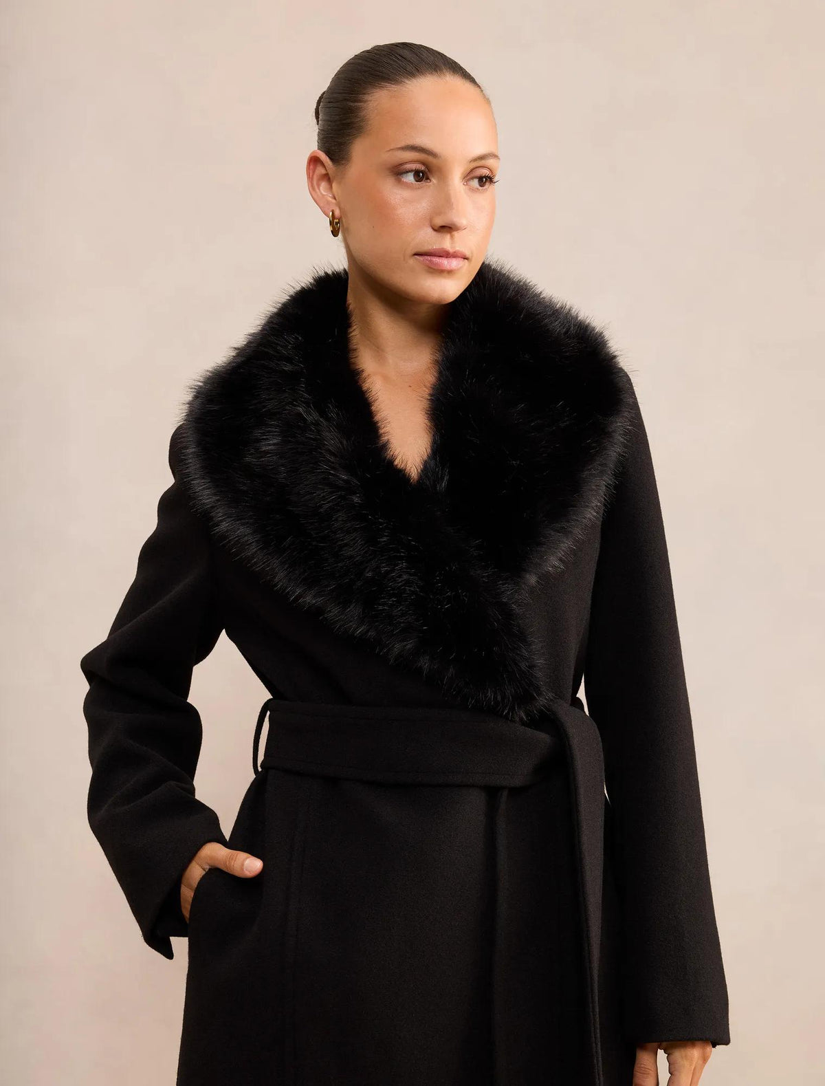 Monica Petite Fur Collar Wrap Coat Black