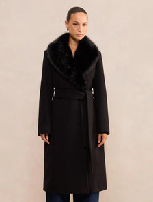 Monica Petite Fur Collar Wrap Coat Black