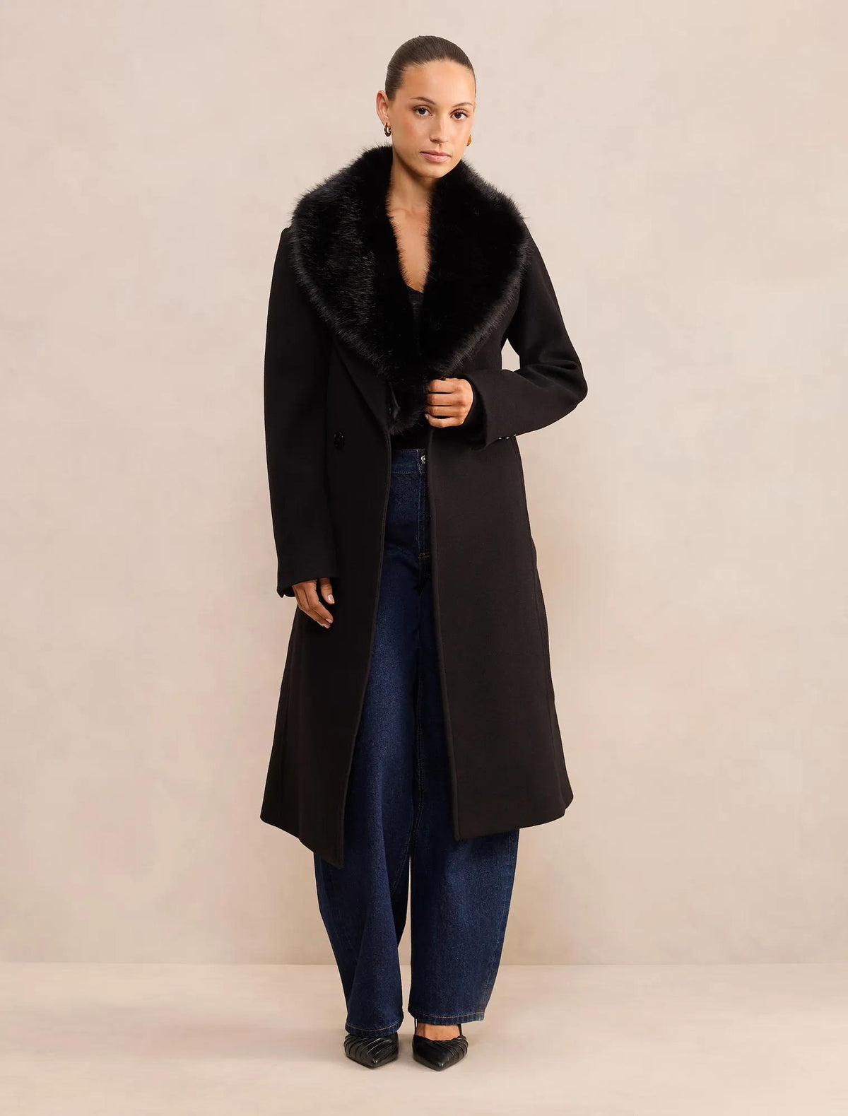 Monica Petite Fur Collar Wrap Coat Black