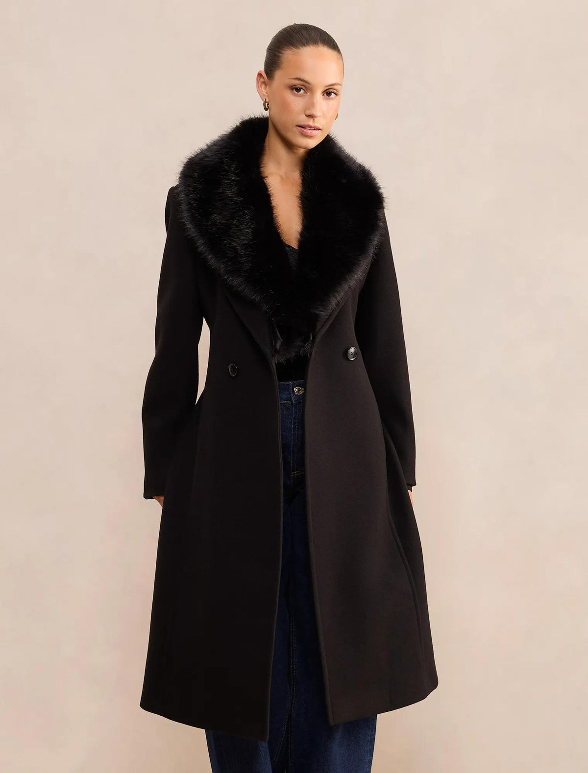 Monica Petite Fur Collar Wrap Coat Black