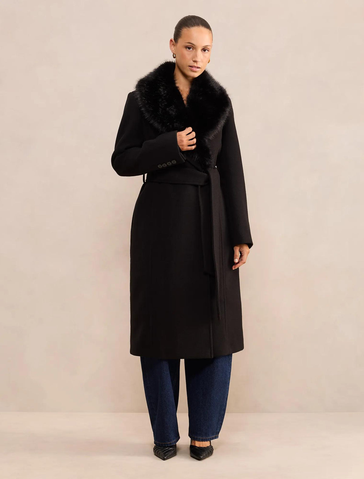 Monica Petite Fur Collar Wrap Coat Black