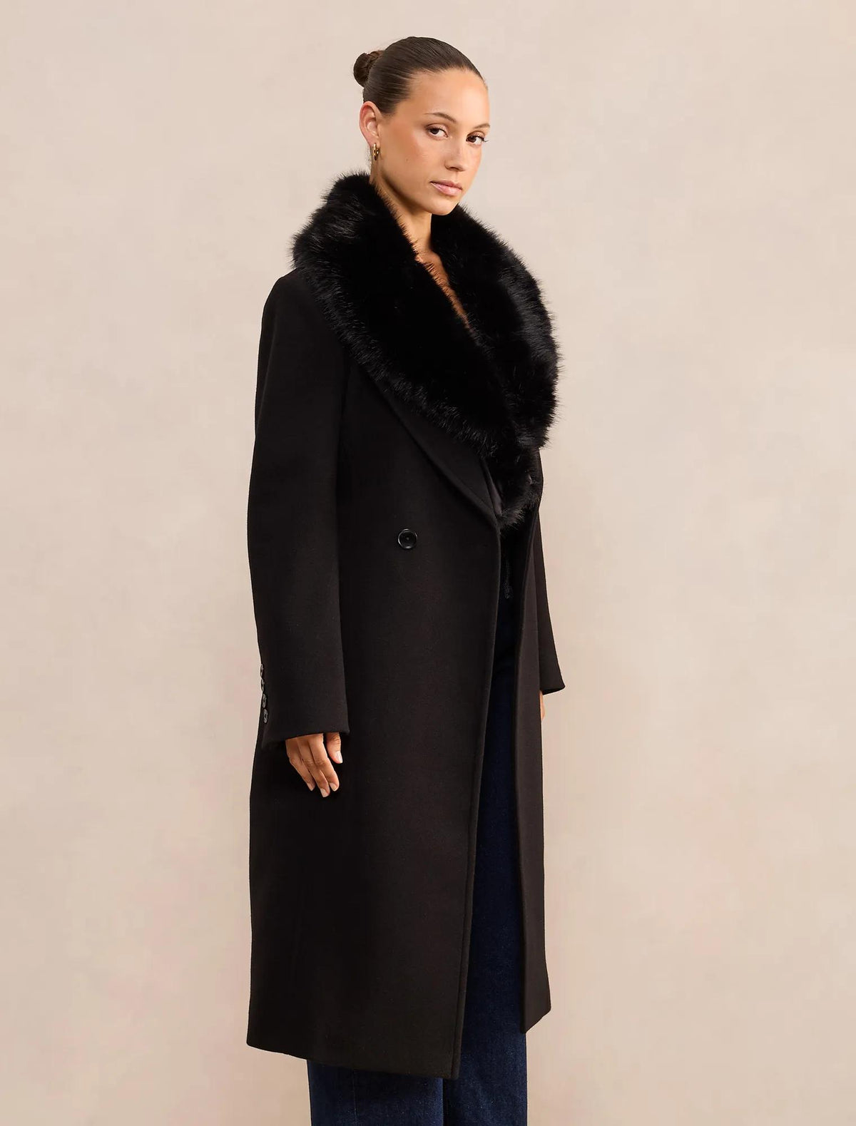 Monica Petite Fur Collar Wrap Coat Black