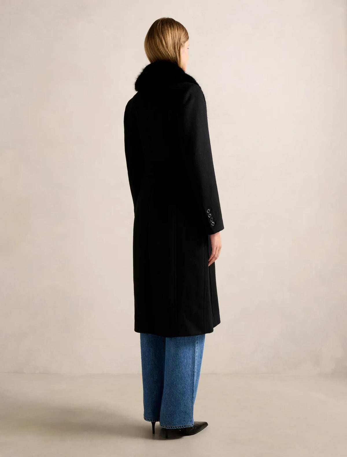 Monica Fur Collar Wrap Coat Black