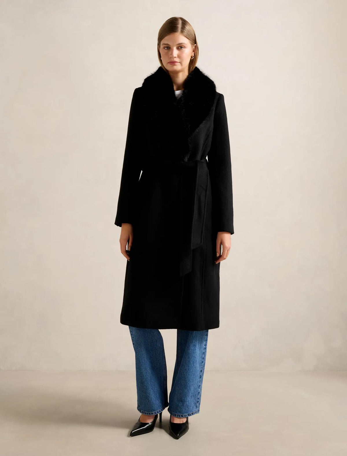 Monica Fur Collar Wrap Coat Black