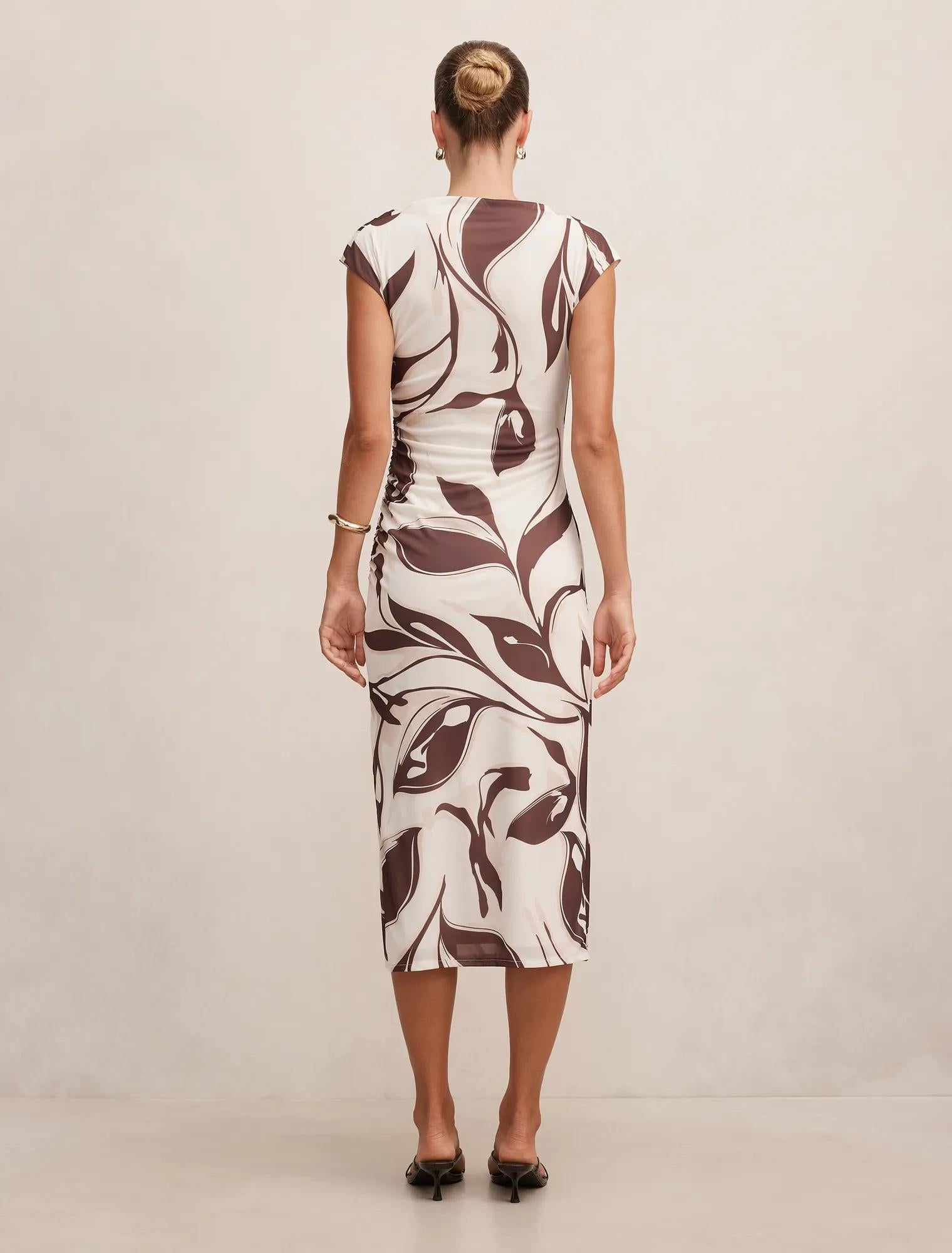 Emery Mesh Ruched Dress Umber Leaf