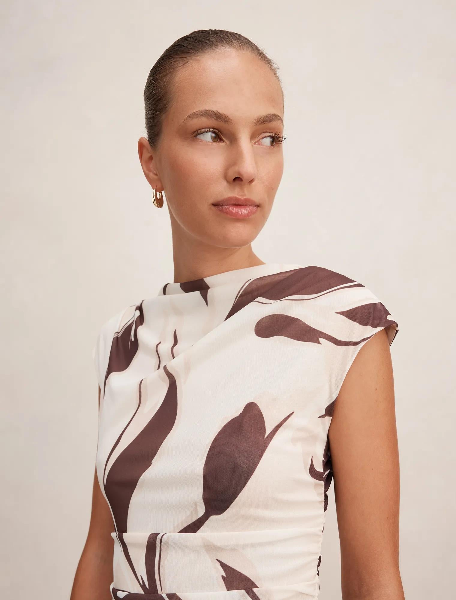 Emery Mesh Ruched Dress Umber Leaf