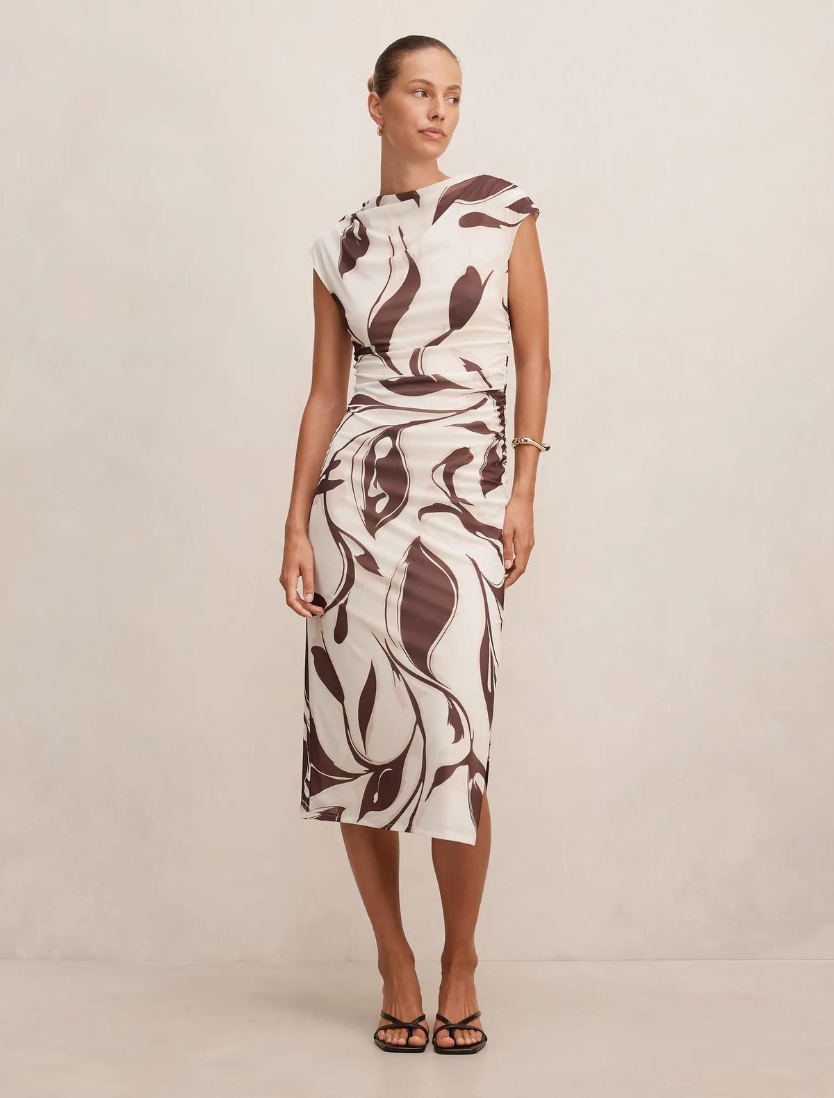 Emery Mesh Ruched Dress Umber Leaf