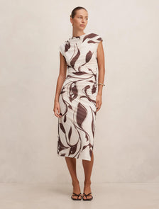 Emery Mesh Ruched Dress Umber Leaf