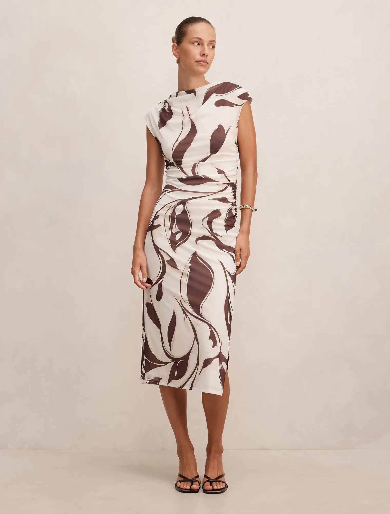 Emery Mesh Ruched Dress Umber Leaf