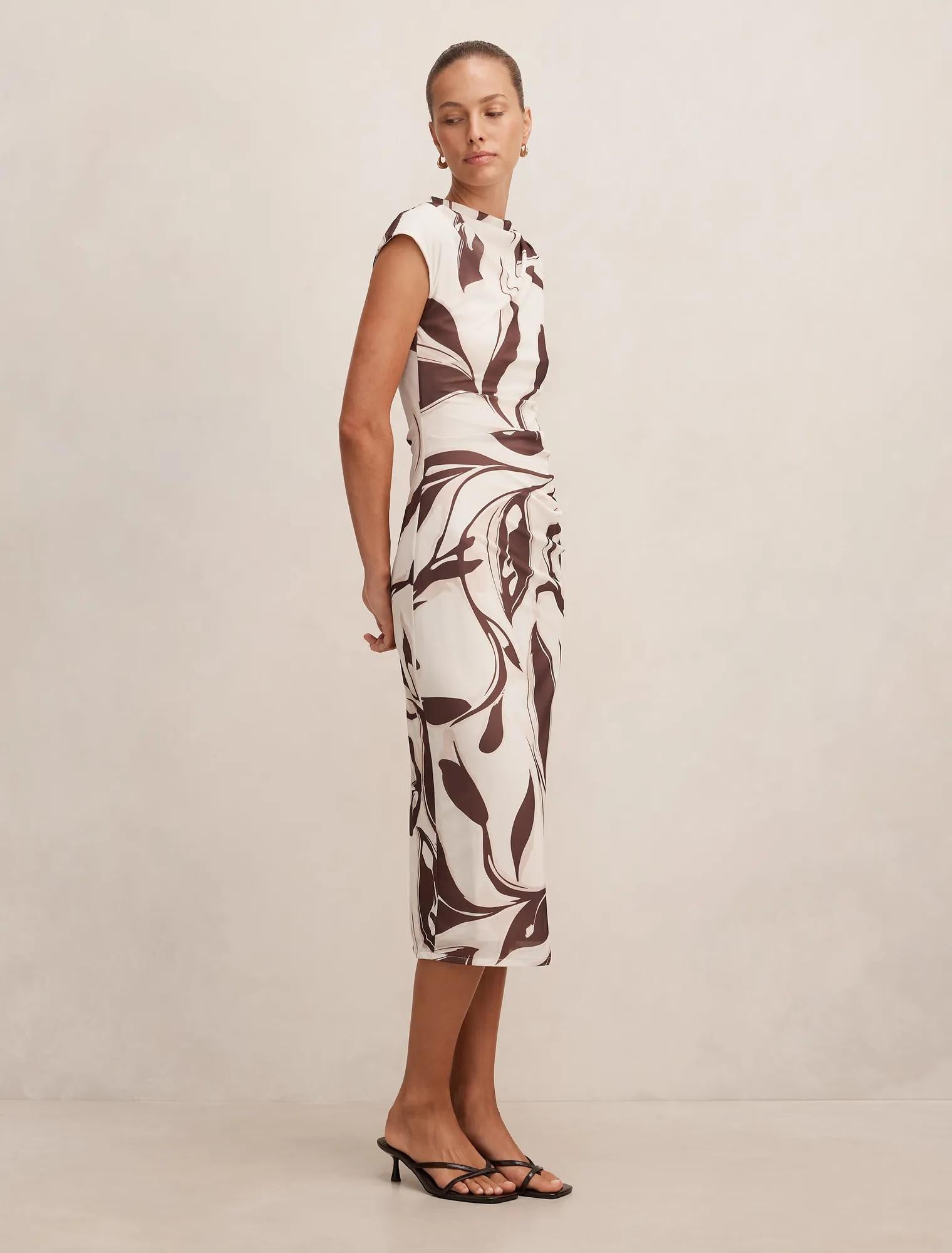 Emery Mesh Ruched Dress Umber Leaf