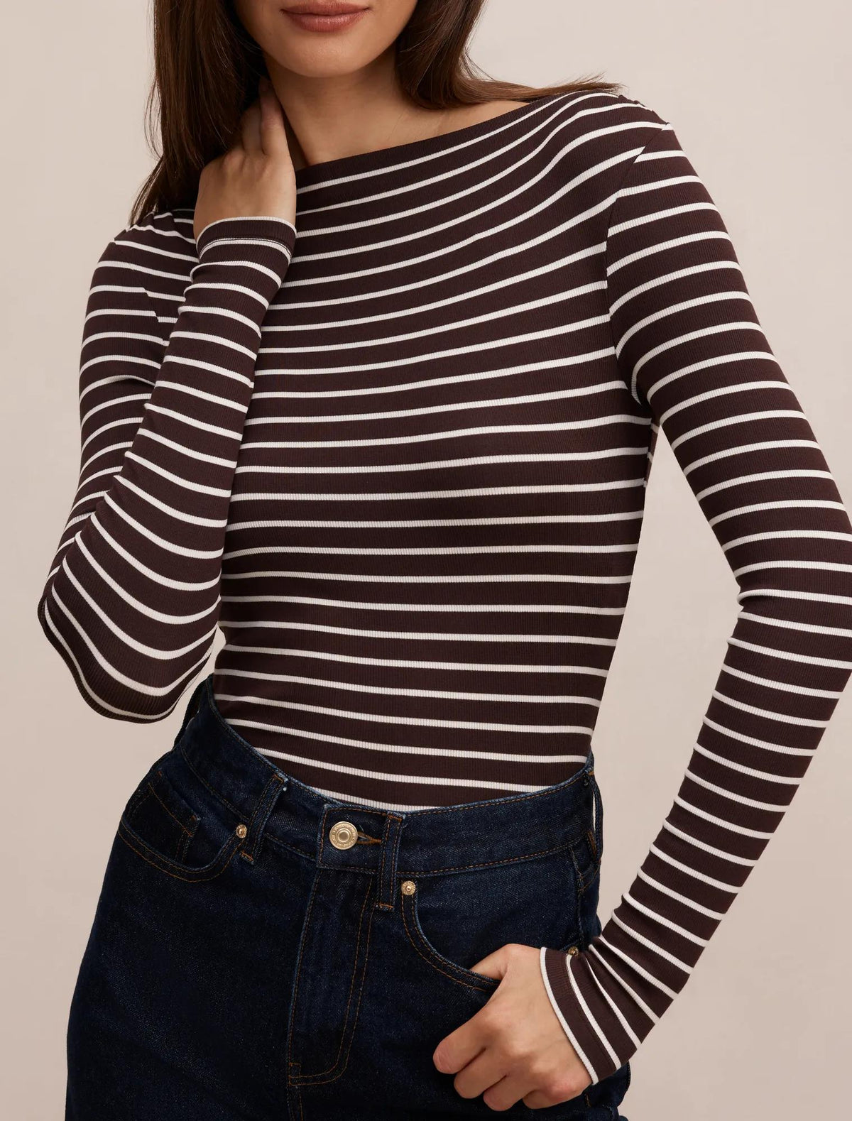 Jasmine Straight Neck Top Chocolate/ Porcelain Stripe
