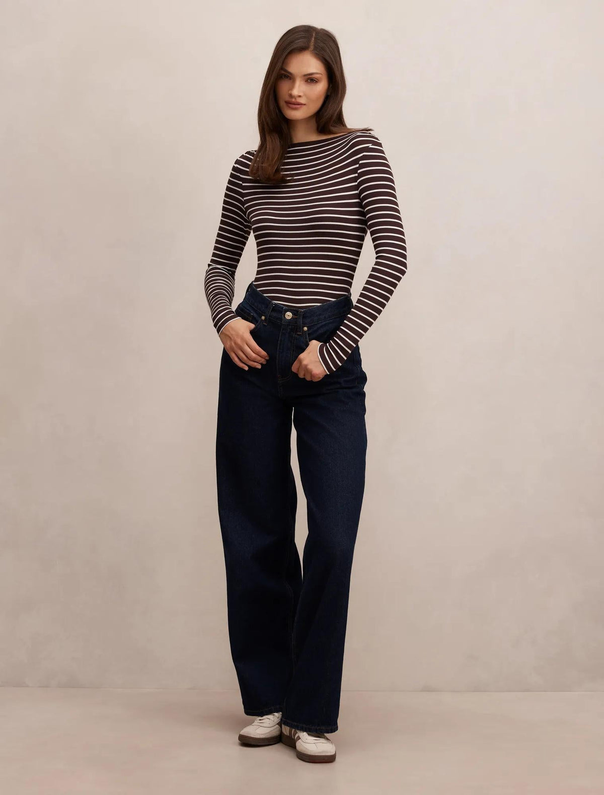 Jasmine Straight Neck Top Chocolate/ Porcelain Stripe
