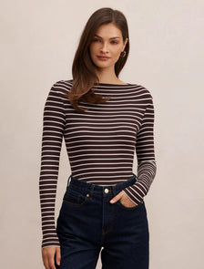 Jasmine Straight Neck Top Chocolate/ Porcelain Stripe