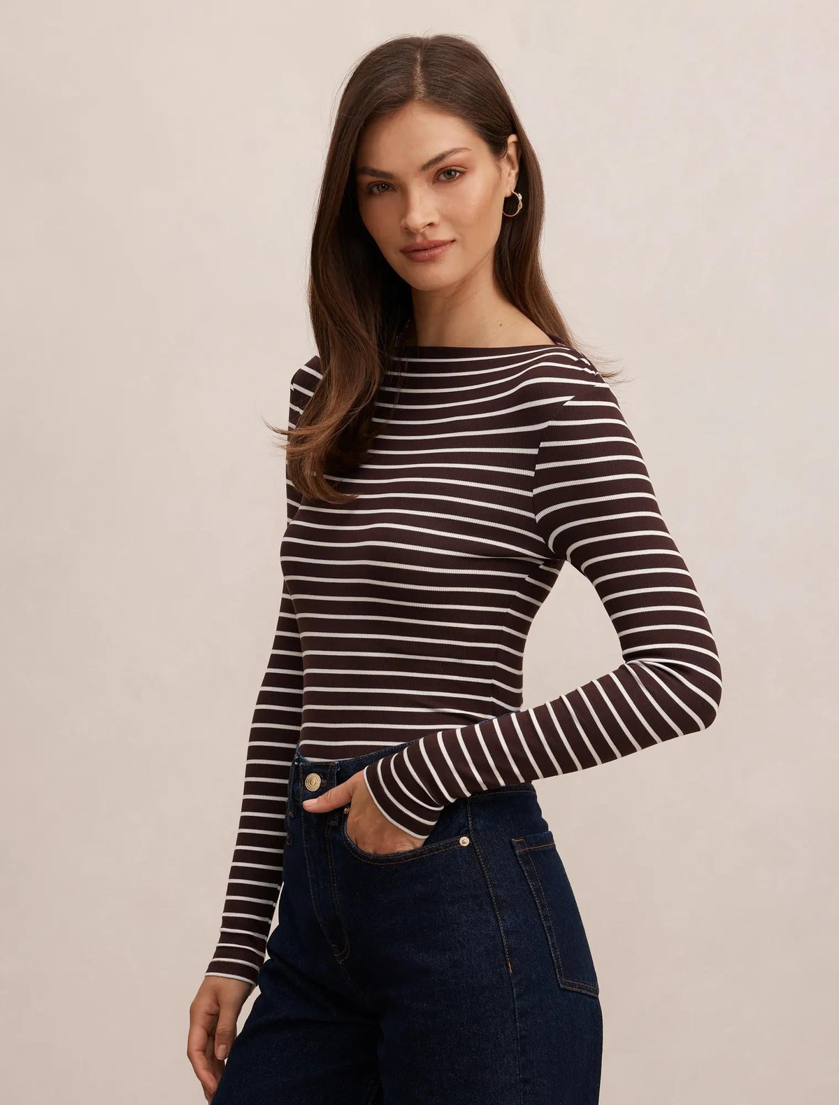 Jasmine Straight Neck Top Chocolate/ Porcelain Stripe