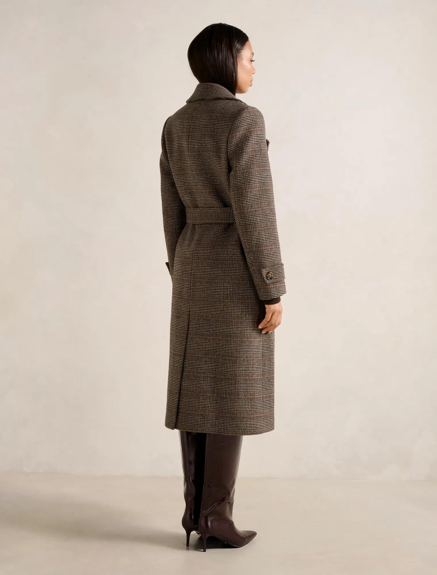 Luccia Belted Check Coat Brown Check Set